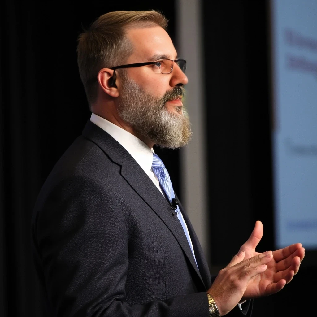 Businessman, wearing a suit and modern reading glasses. Muscular build, with a full, thick beard. Hair similar to the photo—both the hair and beard are blonde-based with noticeable gray strands, as in the picture. He is standing while giving a conference, wearing a headset microphone.