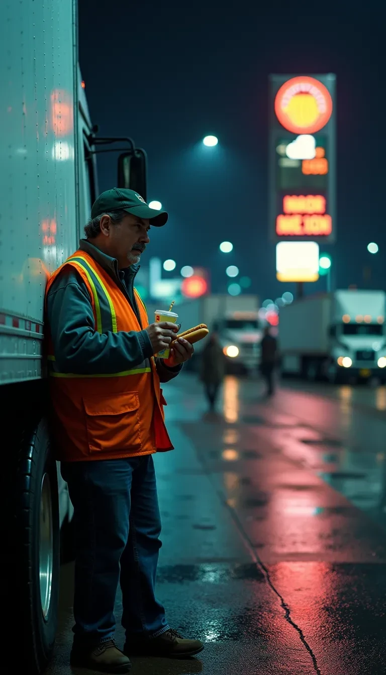 AI image prompt: Grainy Snapchat photo from a gas station circa 2017. A delivery truck driver, in his high-visibility vest, leans against his truck while holding a hotdog and soda, looking off into the distance. The gas station is lit by neon lights, creating an eerie, fluorescent ambiance. The background shows a line of parked trucks and a few other travelers, all blurred by motion. The ground is wet from recent rain, reflecting the neon signs. The overall vibe is transient and tired, capturing a quick break on a long haul.