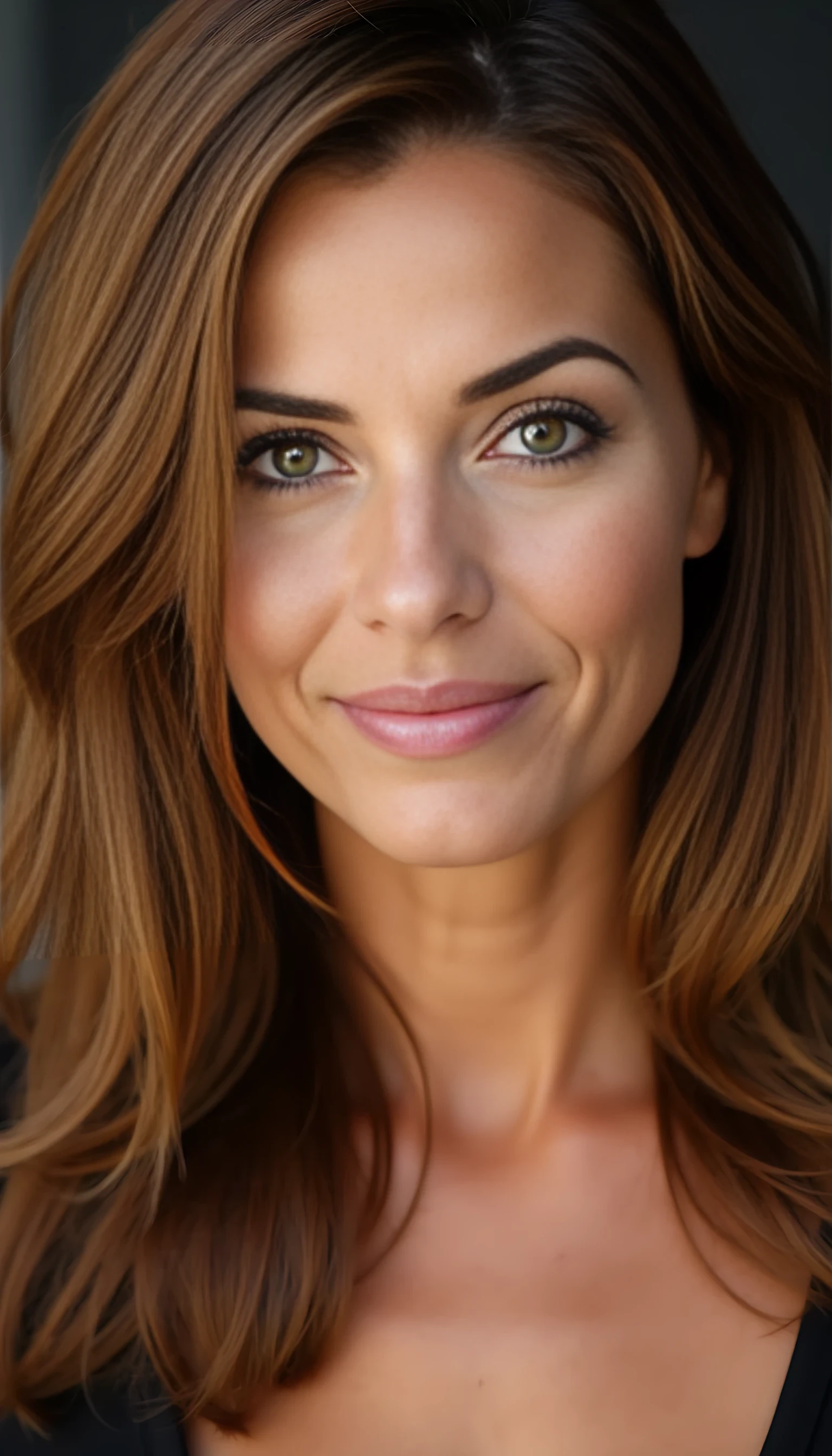 A portrait photo of a beautiful 44 years old woman, mixed ethnicity of half white American half Brazilian, with chestnut hair, ultra detailed eyes with sharp iris reflections, slight smile, studio high-quality
