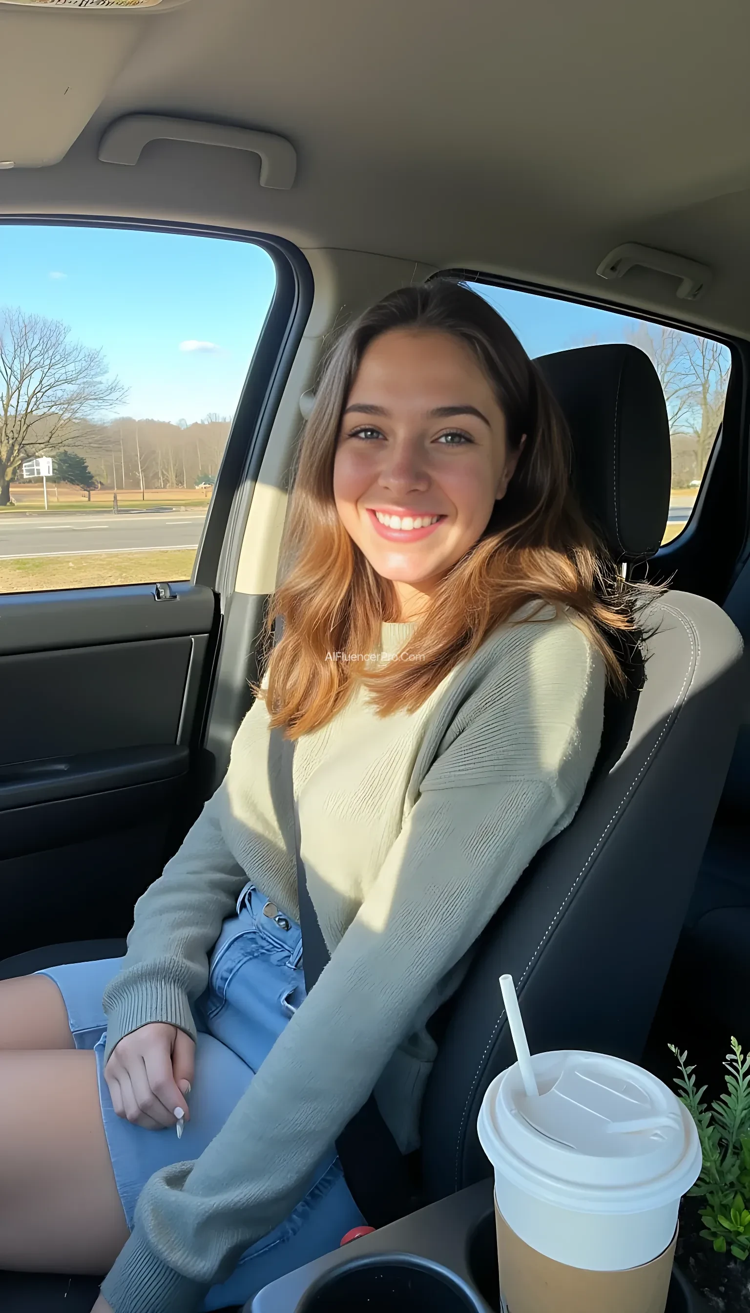 boring low quality snapchat photo circa 2015, A young woman with a warm smile, sitting in the driver's seat of a cozy car. She has soft, wavy brown hair cascading past her shoulders. The sunlight streams through the window, casting a gentle glow on her face. The interior of the car is neat and comfortable, with a coffee cup in the cup holder and a small plant on the dashboard. The background outside the window shows a scenic road lined with trees and blue skies