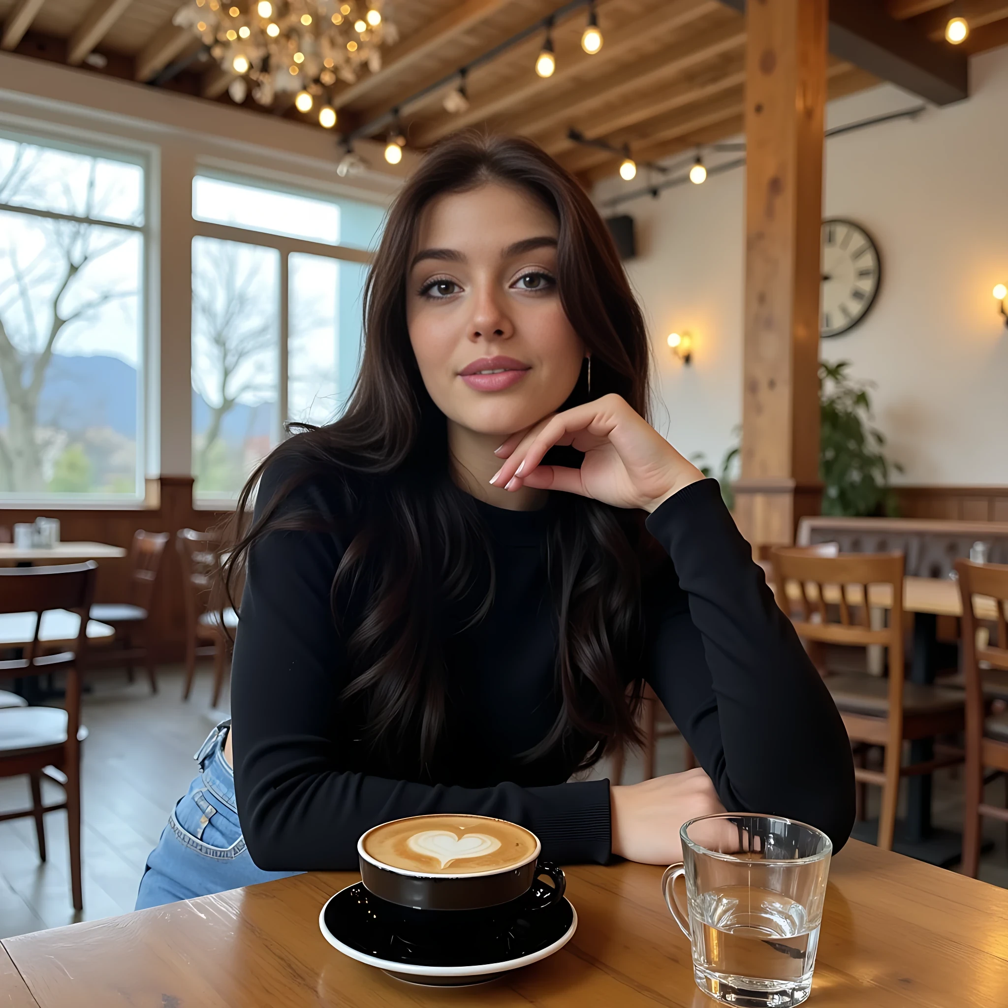 CSTMDL,young woman, long straight brunette hair, black long sleeve crop top, light blue high-waisted jeans, selfie in a café, cozy interior, wooden ceiling, large windows, daylight, hanging white floral decorations, hanging fairy lights, cappuccino with heart-shaped latte art, black saucer, small glass of water, natural smile, pose with head resting on hand, aesthetic Instagram style, warm soft lighting, realistic details, slight bokeh in background, modern girly lifestyle vibe, only two hands