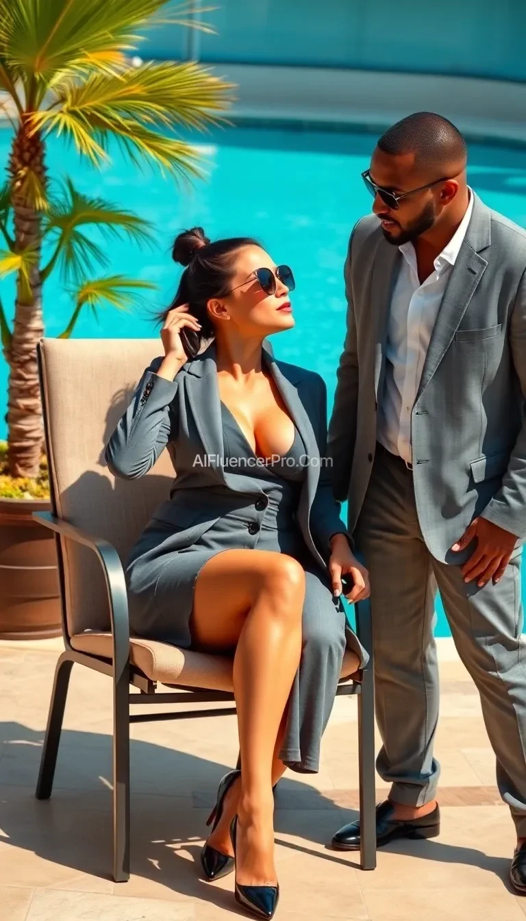 Interracial, German, brunette in grey business jacket, grey pencil skirt with thigh slit, unbuttoned top, Huge boobs,Big Breast , pony tail, talking on cell phone, semi tinted sunglasses, sitting in a patio chair by the pool, crossed legs, black pumps, licking up shaft of massive African cock, stroking his cock with her hand, looking up at him, tall athletic african man standing next to her, cum on her face, cum on her breasts, cum on her legs, cum, sunny
