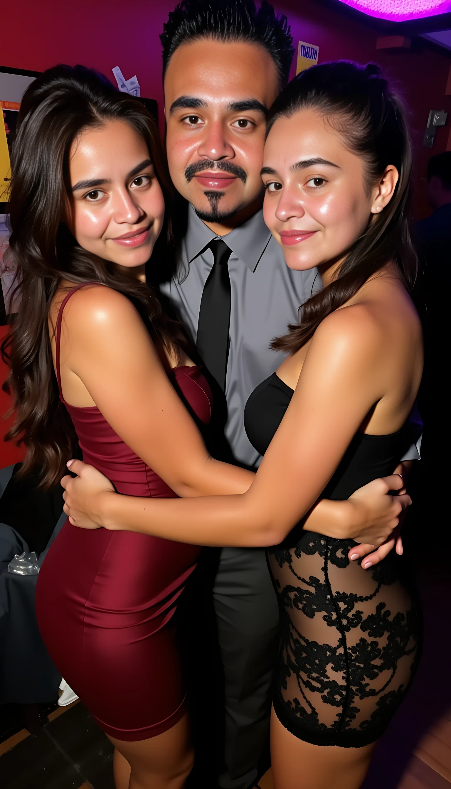 full man body wearing a  nice gray dress shirt   Hugging a 2 beautiful  Colombian girls  in sexy dresses in a nightclub background 

