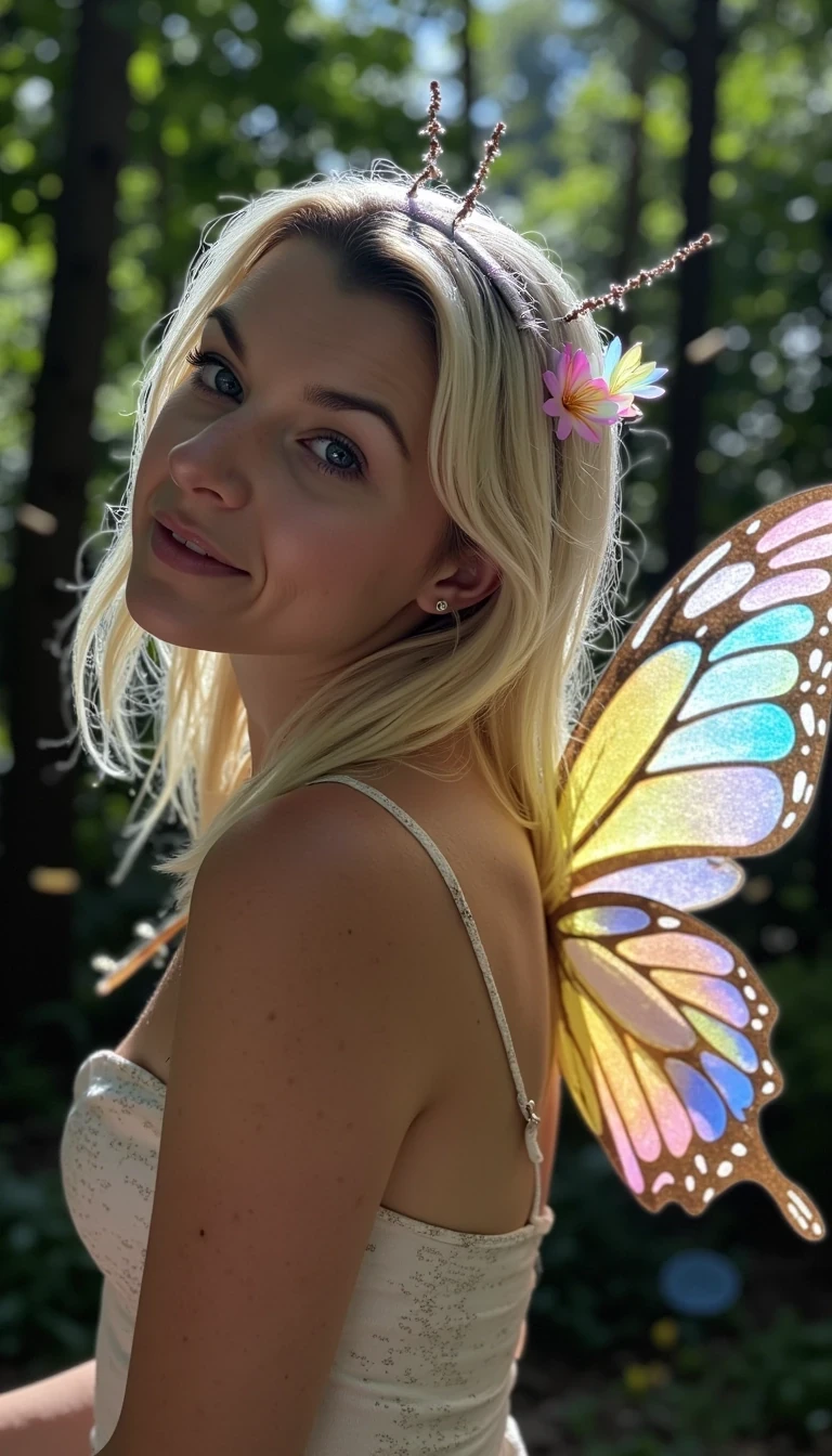 Snapchat-style CSTMDL white woman blonde hair as whimsical forest fairy with iridescent butterfly wings, glowing fireflies around her, soft bokeh lights in the background, magical woodland fantasy aesthetic
