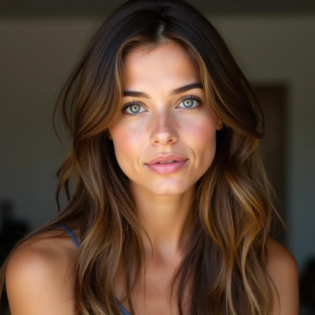 a beautiful young woman with soft and feminine facial features, warm blue eyes, naturally full pink lips, light freckles across her nose, glowing peachy skin, long brown wavy hair with soft volume, parted slightly off-center, natural makeup with a hint of blush, gentle and approachable expression, photorealistic, dreamy lighting, girl next door look, slightly flushed cheeks