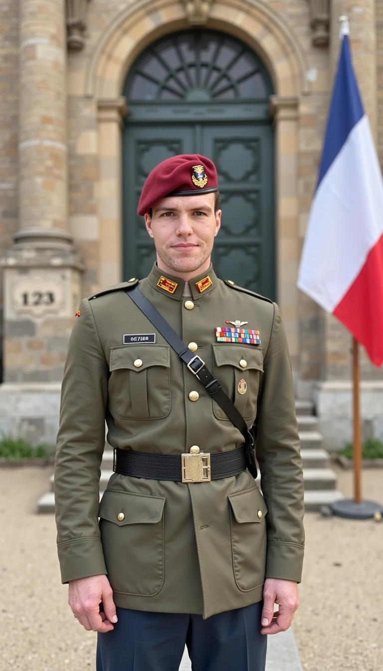 Wearing the French foreign legion uniform standing outside a military barracks with the French flag on a wall, smiling and posing
