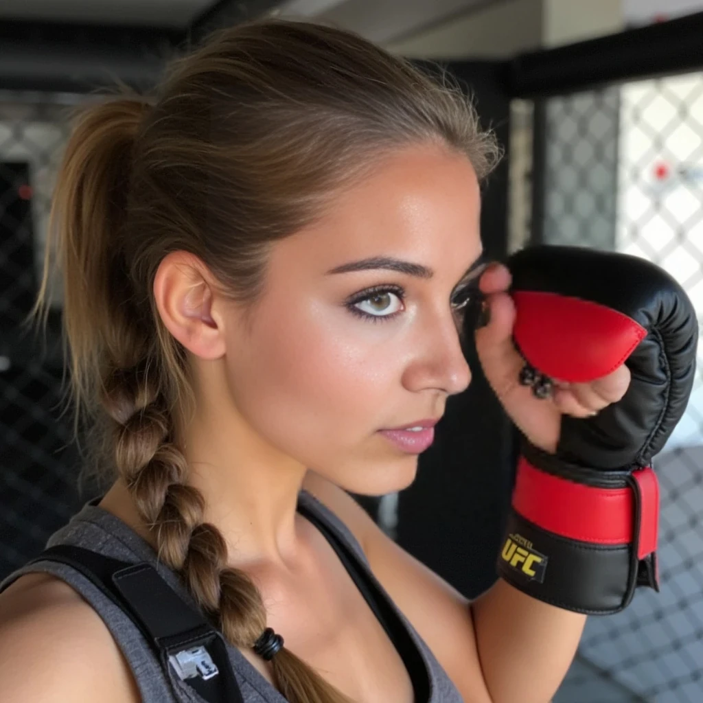 boring low quality snapchat photo circa 2015, cute woman, soft light brown hair in a braided ponytail, fighting UFC sparring.