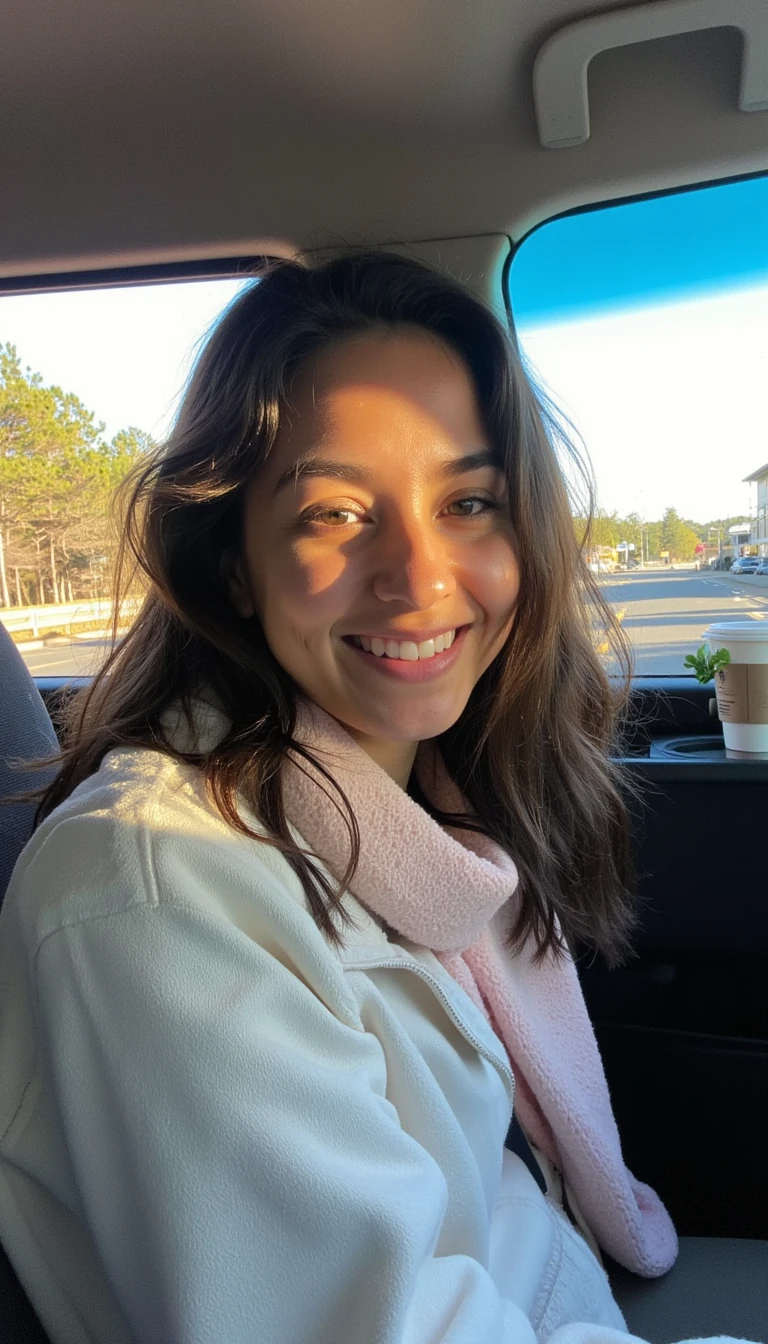 boring low quality snapchat photo circa 2015, A young woman with a warm smile, sitting in the driver's seat of a cozy car. She has soft, wavy brown hair cascading past her shoulders with natural size D breasts. The sunlight streams through the window, casting a gentle glow on her face. The interior of the car is neat and comfortable, with a coffee cup in the cup holder and a small plant on the dashboard. The background outside the window shows a scenic road lined with trees and blue skies make her have black hair and Latina