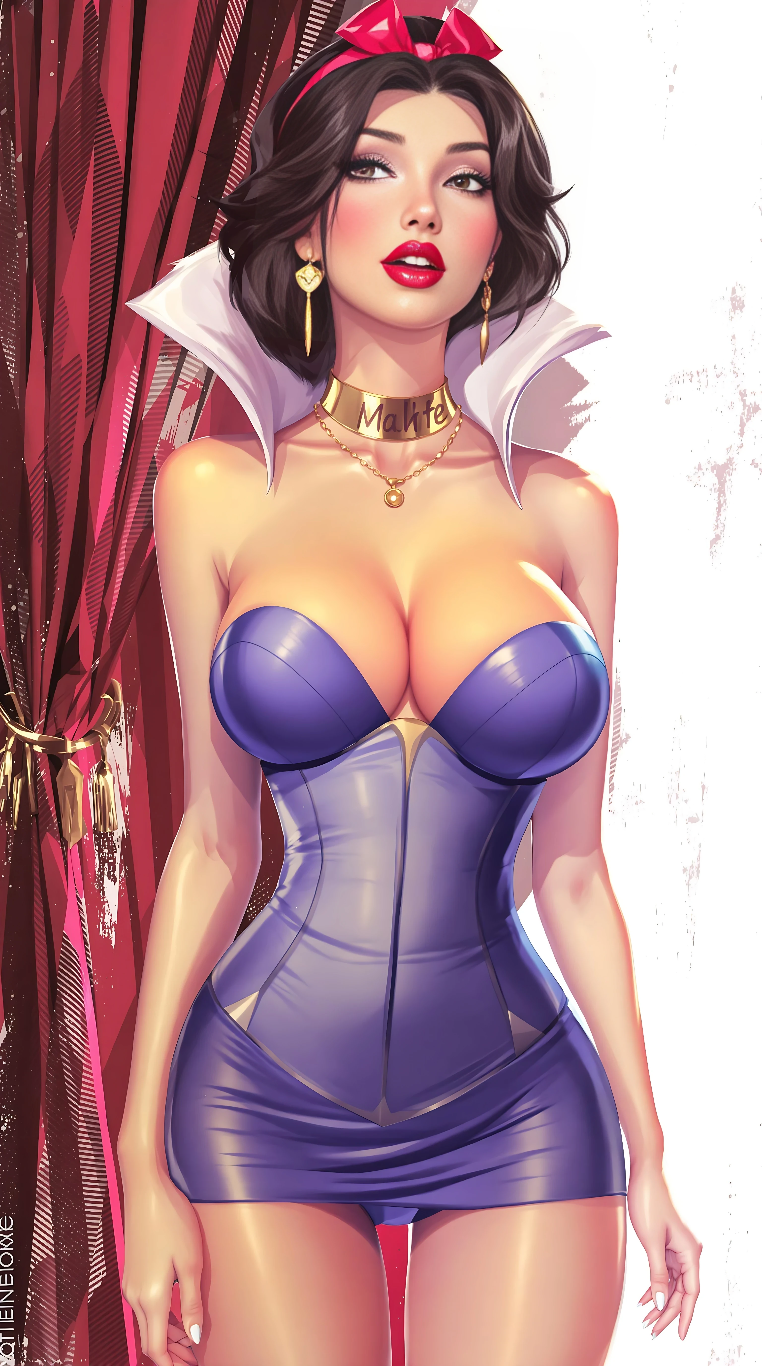 Digital ai art illustration, A modern Disney princess snow white, shes wearing a skin-tight strapless backless corset-style top and a skin-tight short micro tube short skirt, flat stomach, full ulyra-glossy lips, super thin outfit fabric, disney princess snow white was spotted leaving a nightclub tonight, her heels giving her a sluty walk, name necklace, 
