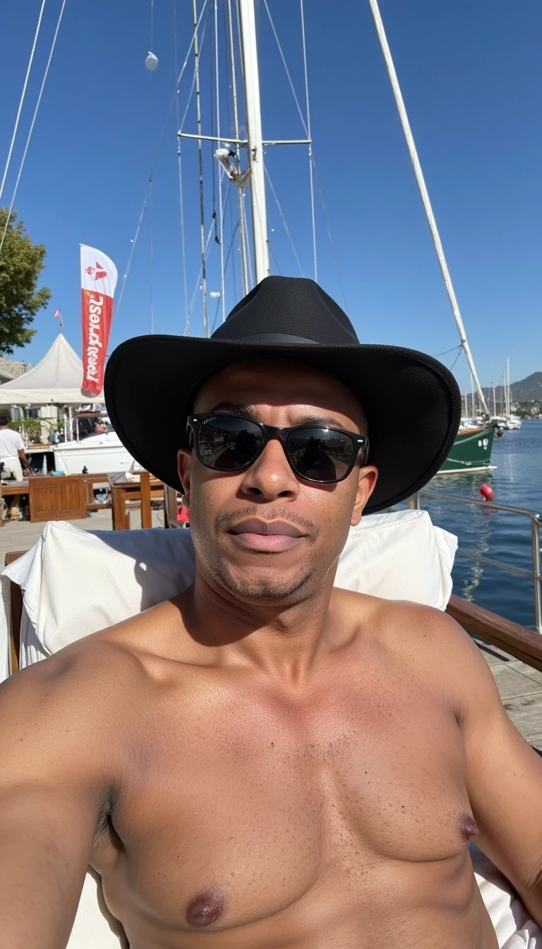 Human filter, luxury yacht, preppy look, laying on lounger, hat and sunglasses, real and younger look of Carter, man, cstmdl