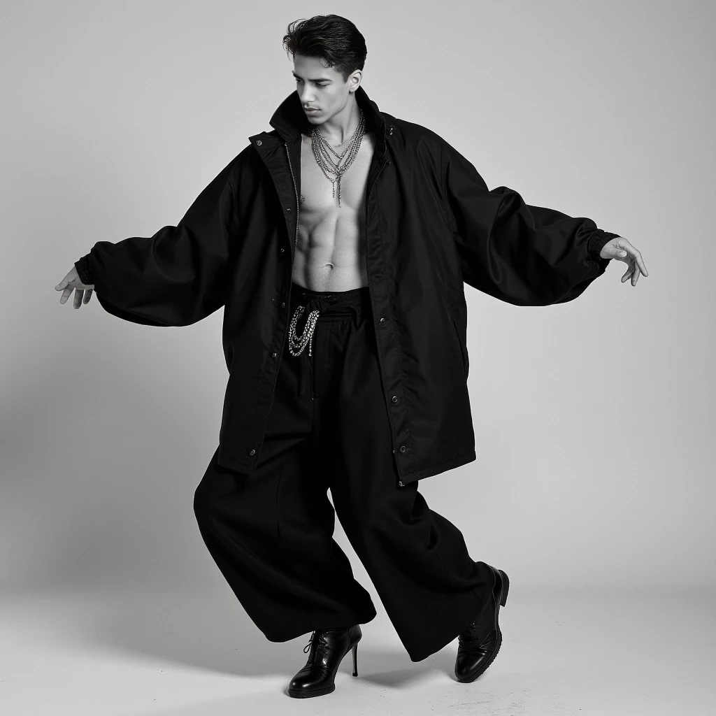 Velmo Miro has a lean, expressive physique with subtle definition – not overly muscular, but agile and athletic. He stands around 180–185 cm tall (5'11"–6'1"), with long limbs and confident posture. His movement feels natural but intentional, like a dancer who doesn’t try to impress – yet always does. His hands are long and elegant, often used expressively in gestures. He carries himself with a blend of calm intensity and playful energy. His fashion choices emphasize flow, layering, and bold silhouettes – oversized jackets, wide trousers, silver chains. His body becomes part of the outfit – not just a frame for clothes, but a story in motion.