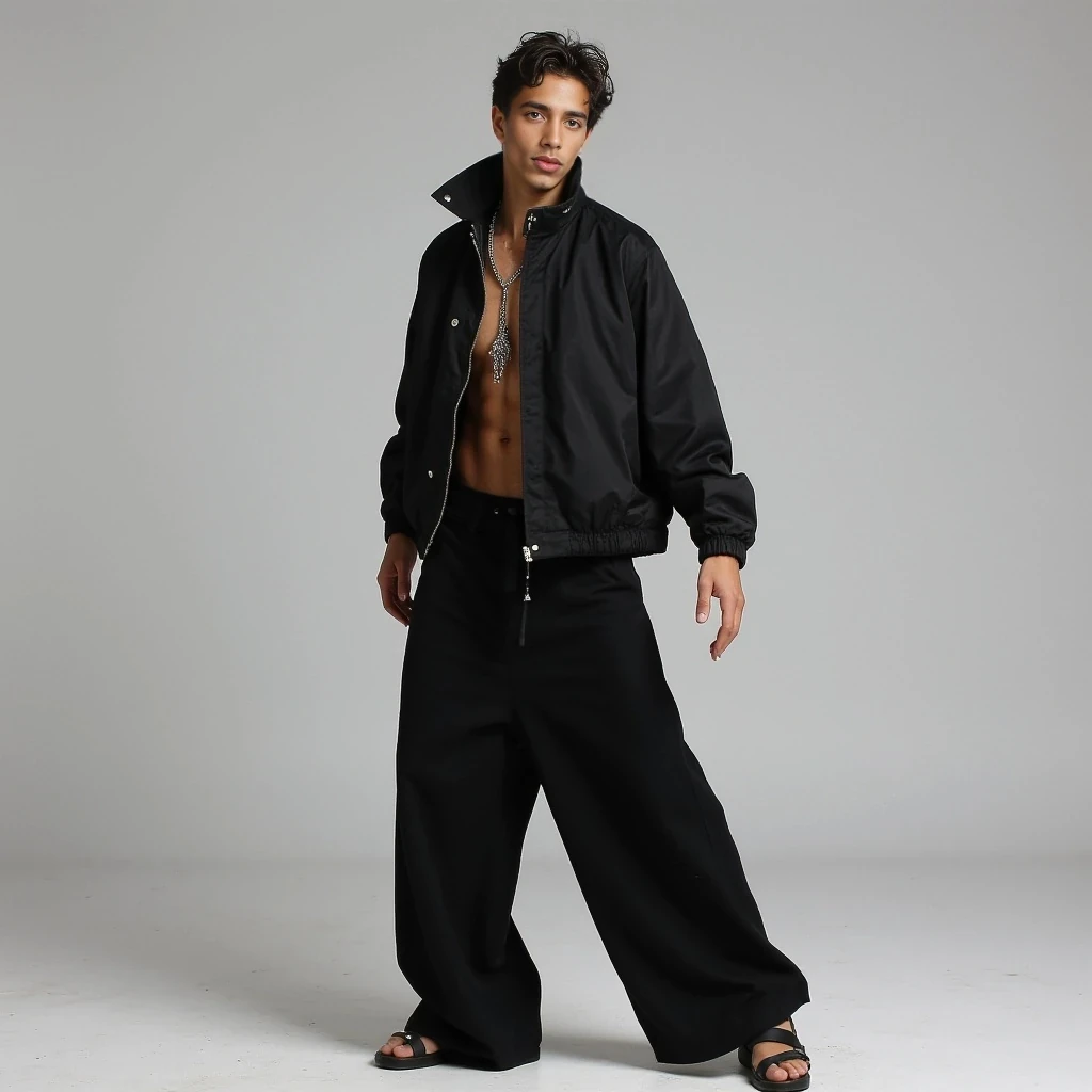 Velmo Miro has a lean, expressive physique with subtle definition – not overly muscular, but agile and athletic. He stands around 180–185 cm tall (5'11"–6'1"), with long limbs and confident posture. His movement feels natural but intentional, like a dancer who doesn’t try to impress – yet always does. His hands are long and elegant, often used expressively in gestures. He carries himself with a blend of calm intensity and playful energy. His fashion choices emphasize flow, layering, and bold silhouettes – oversized jackets, wide trousers, silver chains. His body becomes part of the outfit – not just a frame for clothes, but a story in motion.