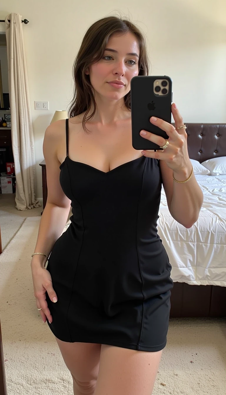  CSTMDL,massive boobs:1.9,perfectly shaped boobs,tight low cut spaghetti strap body con dress,she should be posing for onlyfans content in her bedroom,she should have super wide hips,she should have a massive perfectly shaped ass