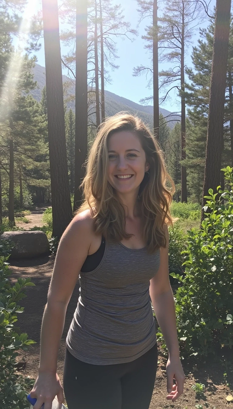 boring low quality snapchat photo circa 2015 of a mid 20s girl CMSTDL with long wavy sandy brown hair. She is hiking on a summer day. Sun is coming through the trees onto her. She is wearing yoga pants and a tank top. She is holding a reusable water bottle. She is smiling