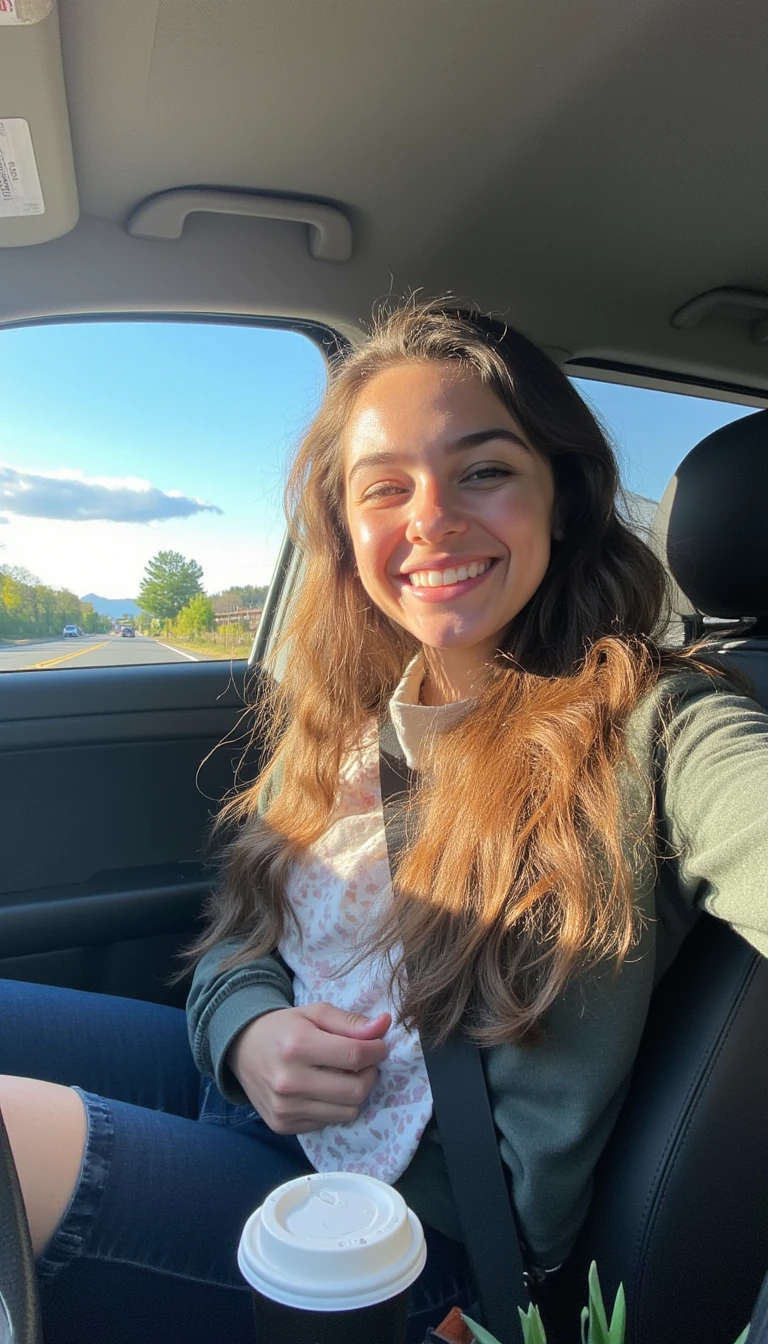 boring low quality snapchat photo circa 2015, A young woman with a warm smile, sitting in the driver's seat of a cozy car. She has soft, wavy brown hair cascading past her shoulders. The sunlight streams through the window, casting a gentle glow on her face. The interior of the car is neat and comfortable, with a coffee cup in the cup holder and a small plant on the dashboard. The background outside the window shows a scenic road lined with trees and blue skies