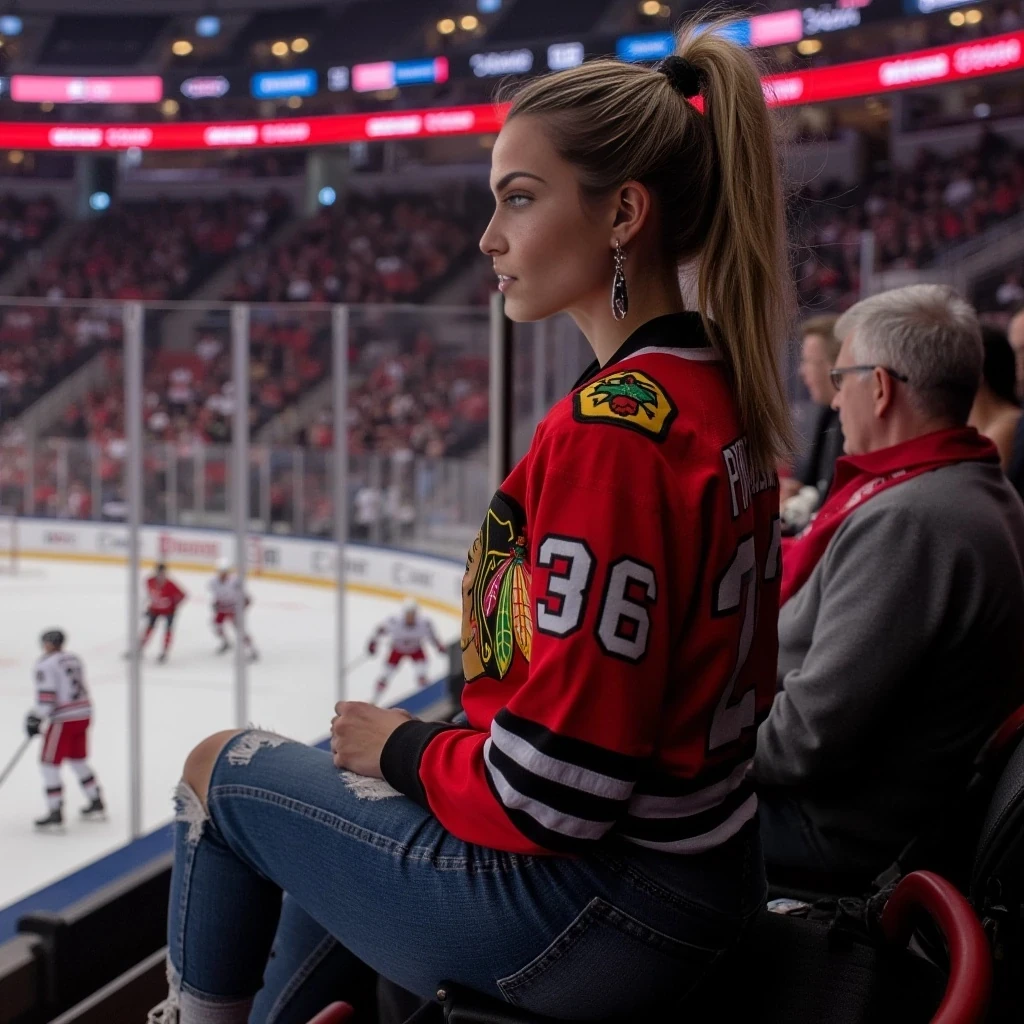 A full-body hyperrealistic image of a confident alternative woman with an athletic, toned body and soft curves. She’s wearing a hockey jersey for chicago blackhawks, frayed denim jeans. Her hair is in a high piny tail. She sits on the edge of her seat at a very intense moment looking away from the camera towards the action on the ice, she is in a sold out hockey crowd for a very important game in chicago.  The crowd will be home team orientated for chicago blackhawks of the nhl.  The image should look photorealistic with perfect proportions, smooth lighting, and natural skin texture.

no extra limbs, no poor lighting, no unrealistic textures, no bad proportions, no cartoon style, no missing fingers, no distorted anatomy, no wide-angle lens, no fantasy style