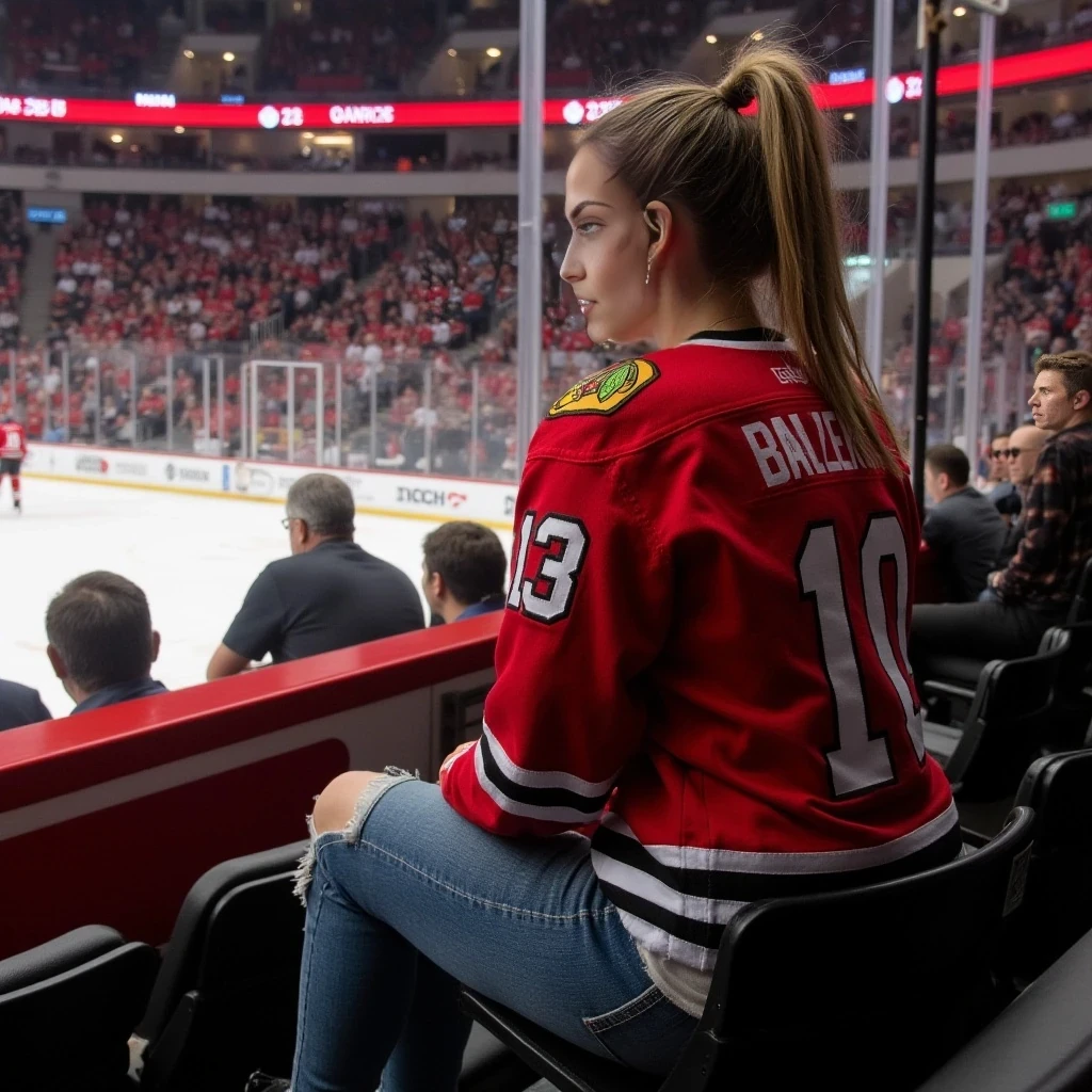 A full-body hyperrealistic image of a confident alternative woman with an athletic, toned body and soft curves. She’s wearing a hockey jersey for chicago blackhawks, frayed denim jeans. Her hair is in a high piny tail. She sits on the edge of her seat at a very intense moment looking away from the camera towards the action on the ice, she is in a sold out hockey crowd for a very important game in chicago.  The crowd will be home team orientated for chicago blackhawks of the nhl.  The image should look photorealistic with perfect proportions, smooth lighting, and natural skin texture.

no extra limbs, no poor lighting, no unrealistic textures, no bad proportions, no cartoon style, no missing fingers, no distorted anatomy, no wide-angle lens, no fantasy style