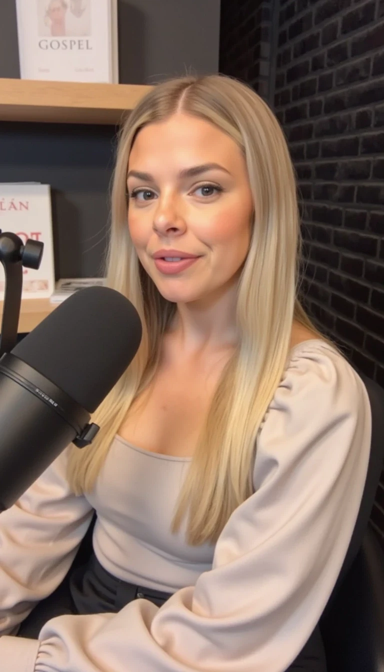 A woman with long blonde hair sits in a cozy, modern setting. She wears a light, flowing top with puffed sleeves and speaks into a large microphone. The background features a blurred shelf with books, one prominently titled "GOSPEL", and a black textured wall. The atmosphere is warm and inviting, suggesting a podcast or talk show environment.
