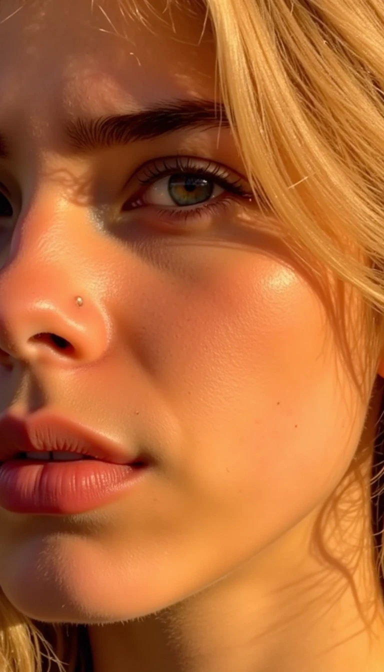 CSTMDL Ultra close-up portrait of Blondivas face in golden hour lighting, focused on the eye and cheekbone. Skin is dewy, radiant, and glowing with natural highlights. Soft shadows play across the face. One strand of hair softly falls across the forehead. Eye is sharp, luminous, and expressive. Cinematic soft focus, high-resolution detail, natural makeup, warm tones. Blondiva is looking  up directly at the camera above her head