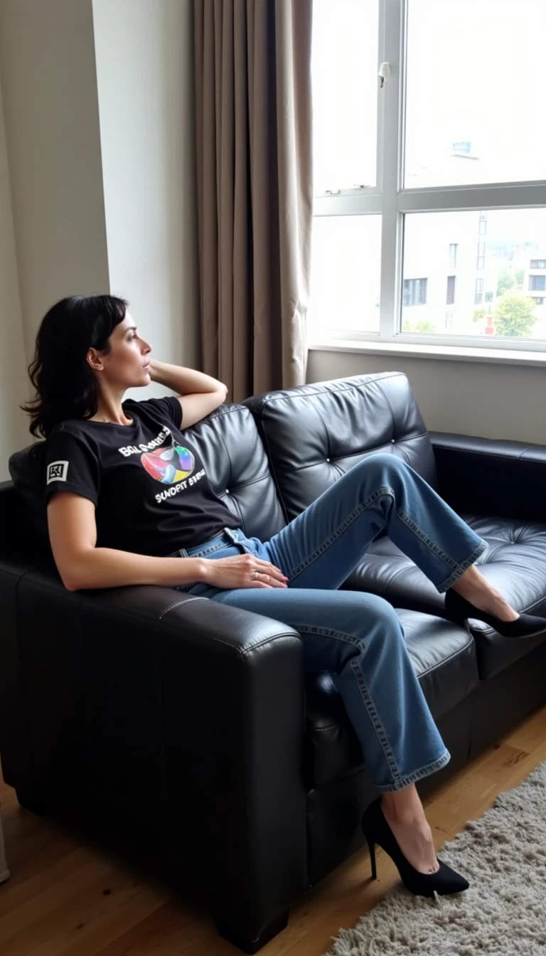 Rachel on black leather couch wearing space X T shirt  wearing jeans and high heels looking out window in hotel 

