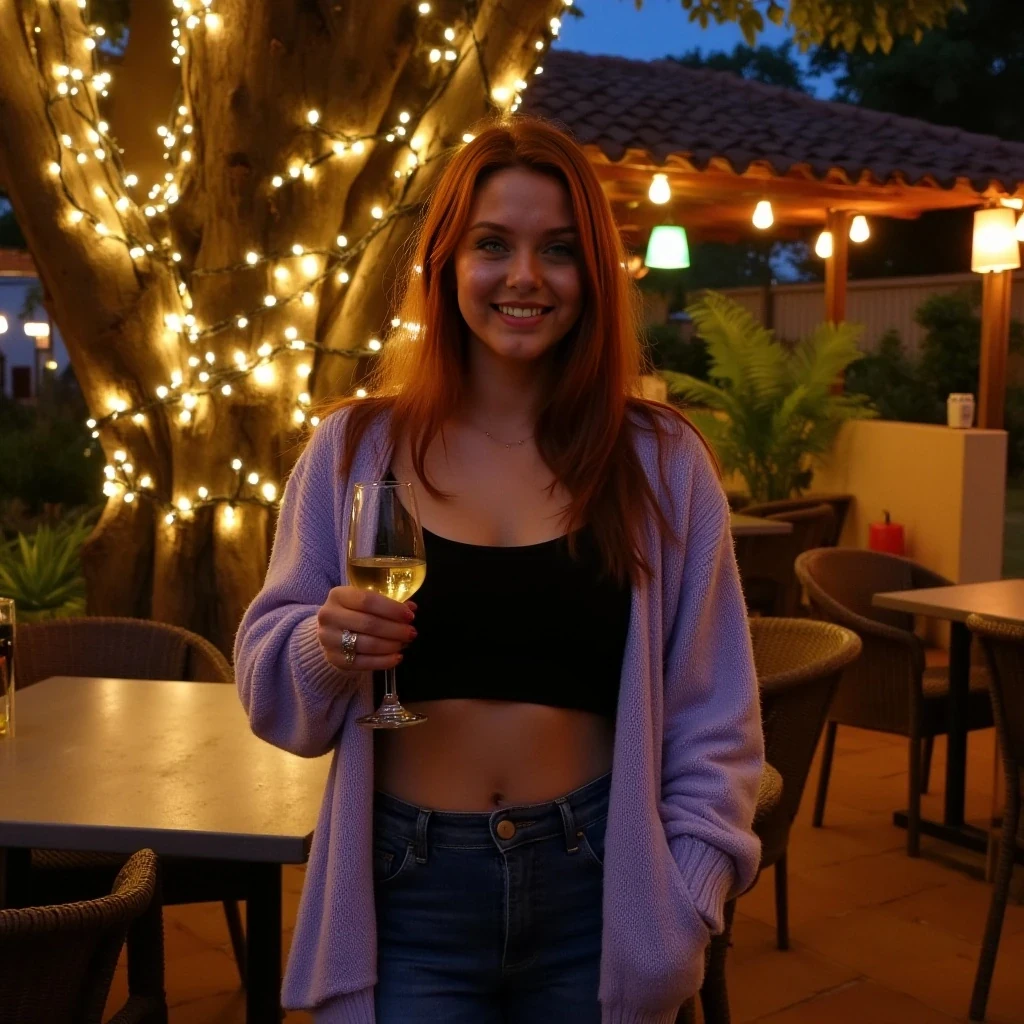 A full body shot photo of a woman standing outdoors at a cozy, warmly lit patio in the evening, with soft, glowing lights wrapped around a tree behind them creating a charming atmosphere. The image is rich in detail, with warm tones and clear textures throughout. The woman has brown skin, a thin waist, big breast and wide hips, and long reddish hair, also worn loose. She is smiling warmly at the camera, holding a glass of white wine in her right hand, and wears a soft-textured lavender cardigan over a black top. The background features a large tree with sparkling string lights wrapped around its trunk and branches, adding a magical touch to the scene. The setting suggests a private outdoor seating area, with elements like terracotta-tiled roofing, greenery, and rattan chairs contributing to a serene, inviting vibe. The overall composition is balanced, with the woman framed against the softly glowing tree, and the lighting enhances the warm, intimate feel of a quiet evening shared among friends. The details are vivid, with textures of clothing, skin, and background elements clearly visible, while the warm lighting creates a relaxed and joyful mood.
