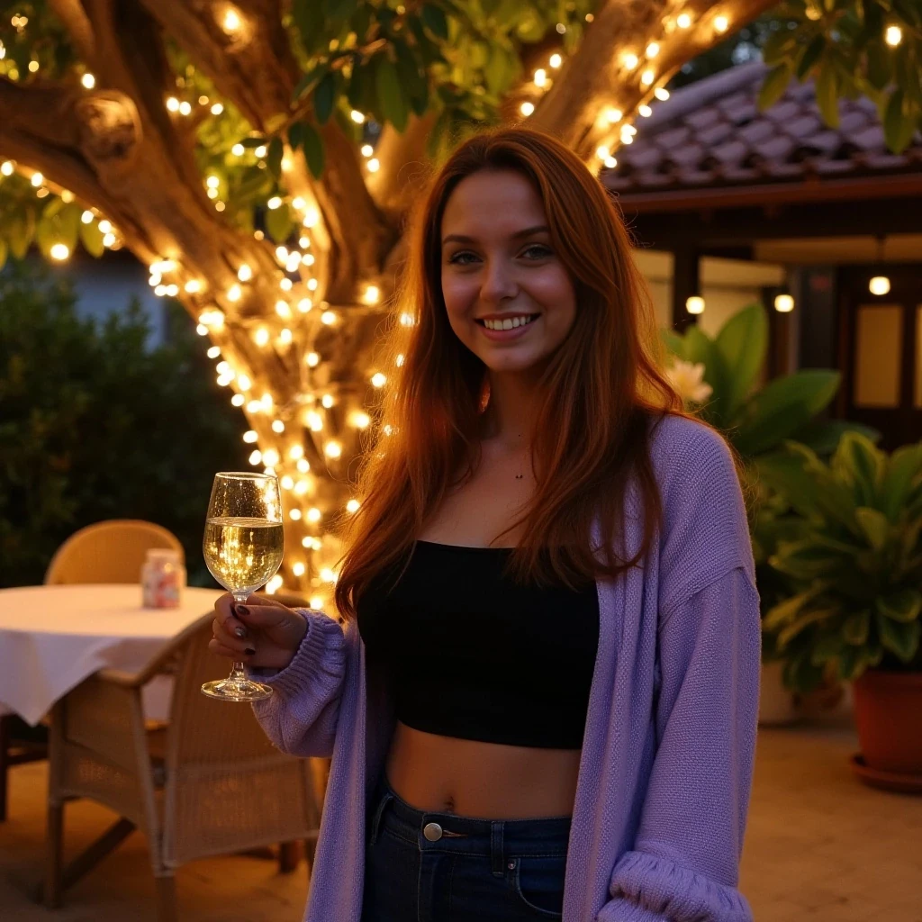 A full body shot photo of a woman standing outdoors at a cozy, warmly lit patio in the evening, with soft, glowing lights wrapped around a tree behind them creating a charming atmosphere. The image is rich in detail, with warm tones and clear textures throughout. The woman has brown skin, a thin waist, big breast and wide hips, and long reddish hair, also worn loose. She is smiling warmly at the camera, holding a glass of white wine in her right hand, and wears a soft-textured lavender cardigan over a black top. The background features a large tree with sparkling string lights wrapped around its trunk and branches, adding a magical touch to the scene. The setting suggests a private outdoor seating area, with elements like terracotta-tiled roofing, greenery, and rattan chairs contributing to a serene, inviting vibe. The overall composition is balanced, with the woman framed against the softly glowing tree, and the lighting enhances the warm, intimate feel of a quiet evening shared among friends. The details are vivid, with textures of clothing, skin, and background elements clearly visible, while the warm lighting creates a relaxed and joyful mood.