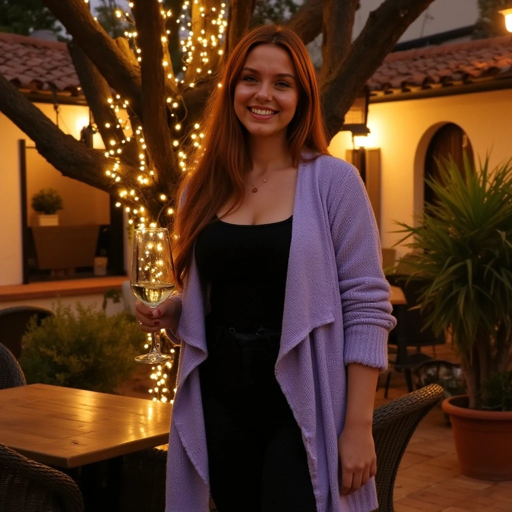 A full body shot photo of a woman standing outdoors at a cozy, warmly lit patio in the evening, with soft, glowing lights wrapped around a tree behind them creating a charming atmosphere. The image is rich in detail, with warm tones and clear textures throughout. The woman has brown skin, a thin waist, big breast and wide hips, and long reddish hair, also worn loose. She is smiling warmly at the camera, holding a glass of white wine in her right hand, and wears a soft-textured lavender cardigan over a black top. The background features a large tree with sparkling string lights wrapped around its trunk and branches, adding a magical touch to the scene. The setting suggests a private outdoor seating area, with elements like terracotta-tiled roofing, greenery, and rattan chairs contributing to a serene, inviting vibe. The overall composition is balanced, with the woman framed against the softly glowing tree, and the lighting enhances the warm, intimate feel of a quiet evening shared among friends. The details are vivid, with textures of clothing, skin, and background elements clearly visible, while the warm lighting creates a relaxed and joyful mood.