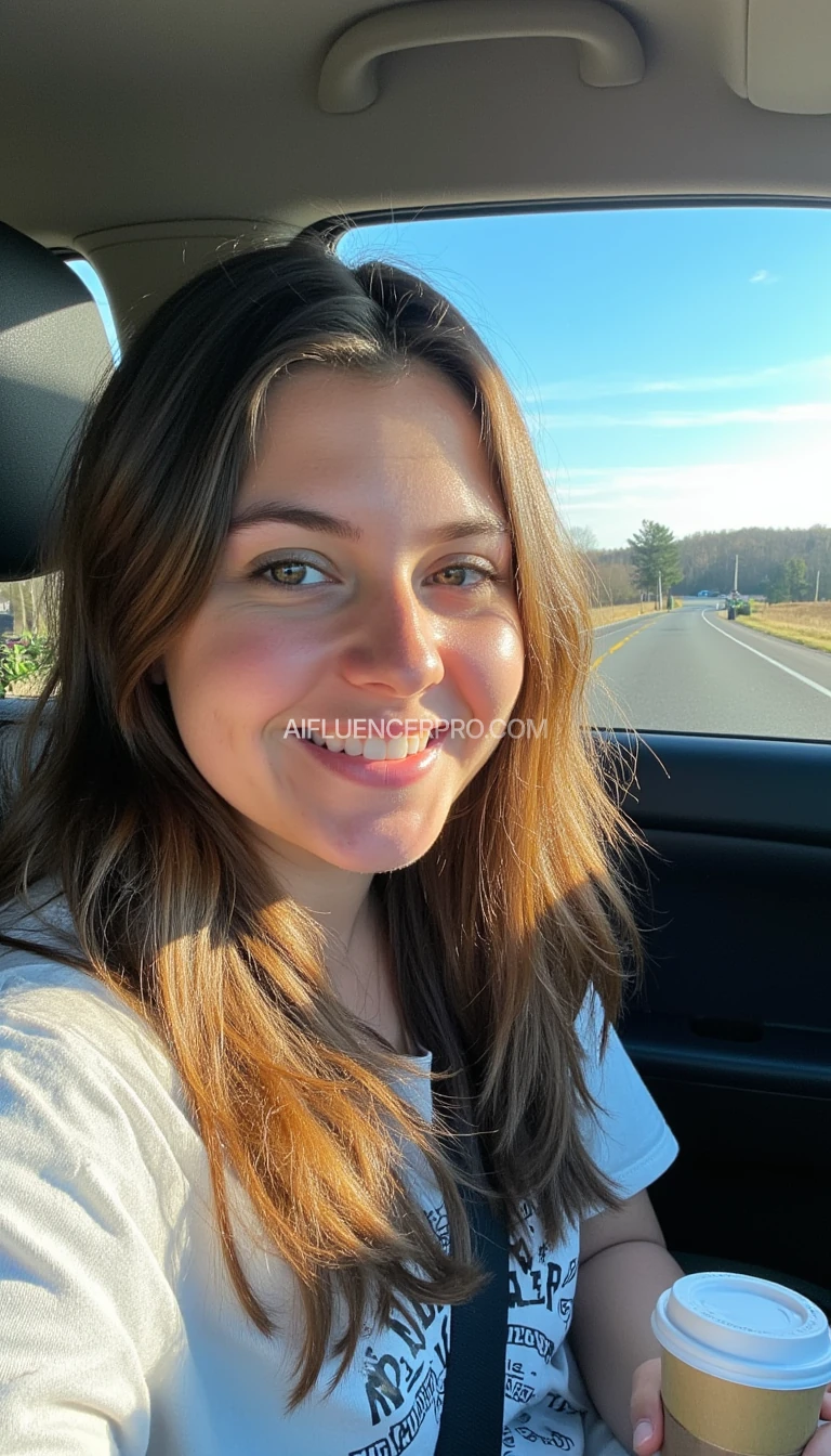 boring low quality snapchat photo circa 2015, A young woman with a warm smile, sitting in the driver's seat of a cozy car. She has soft, wavy brown hair cascading past her shoulders. The sunlight streams through the window, casting a gentle glow on her face. The interior of the car is neat and comfortable, with a coffee cup in the cup holder and a small plant on the dashboard. The background outside the window shows a scenic road lined with trees and blue skies. about 10 years old