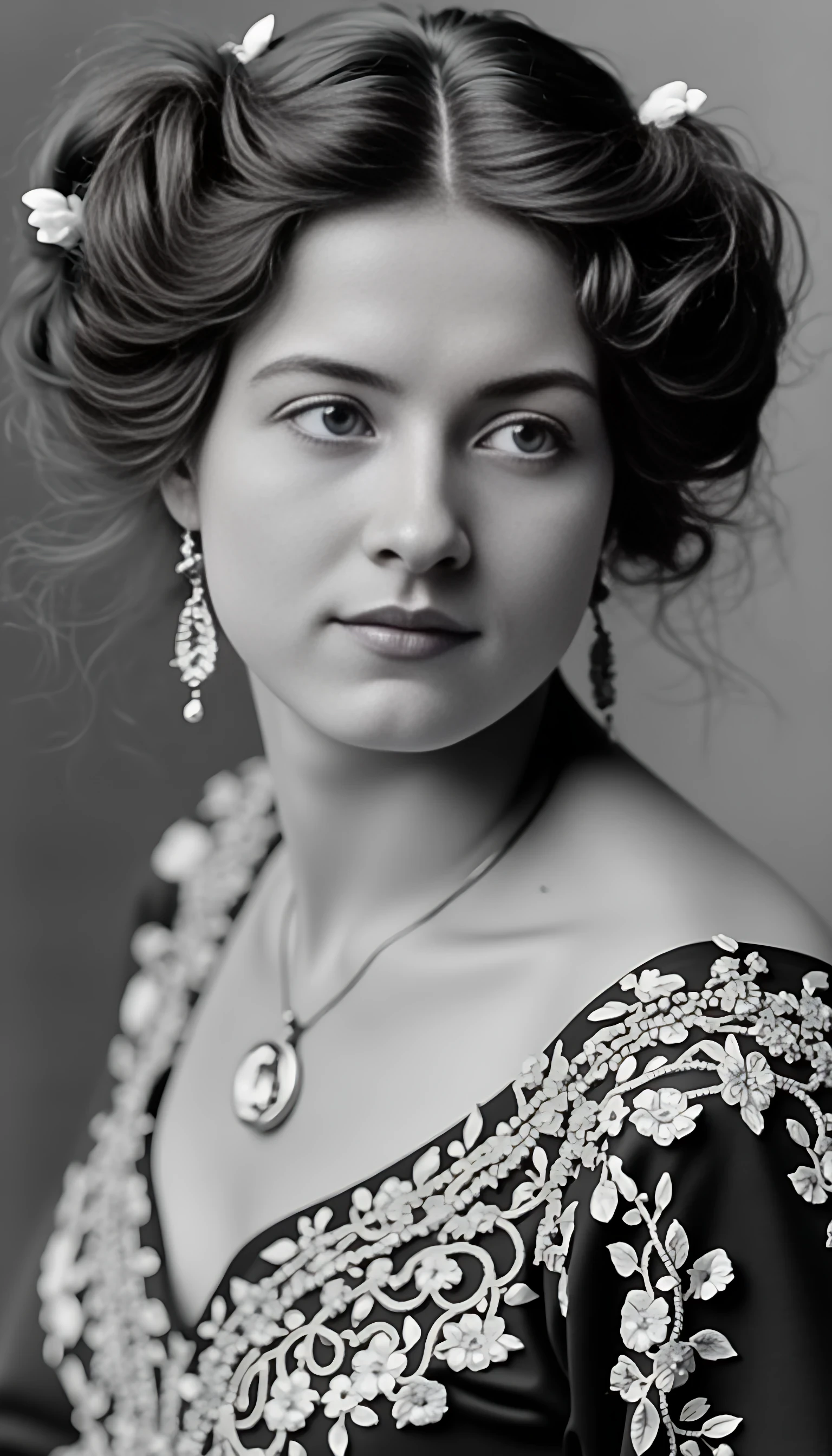 Black and white old worn photography of woman CSTMDL, brunette, ice blue eyes, cold smile, 1900 gala robe, small pendant and jewellery, elaborated tied hair