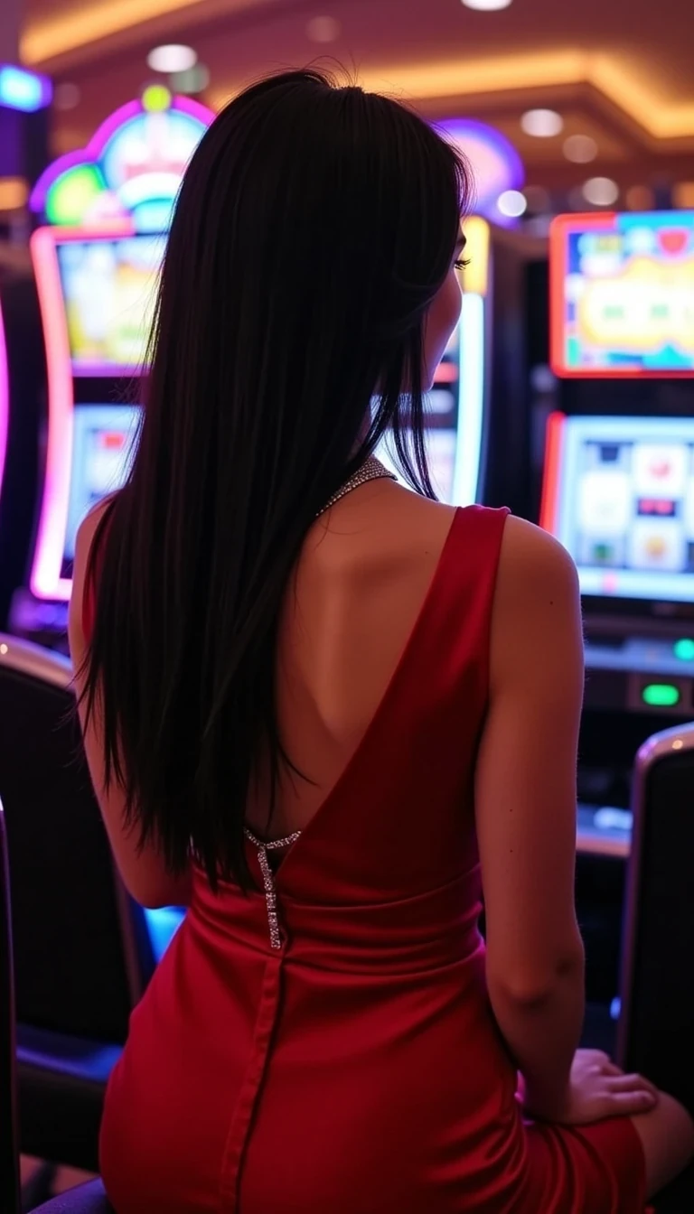 CSTMLD Ultra-realistic back view of a glamorous Instagram influencer at the slot machines in the iconic Casino de Monte-Carlo. She’s wearing a red silk wrap dress with a deep, open back and a plunging neckline at the front that subtly reveals her E-cup curves in the reflection of the machine. A shimmering necklace drapes elegantly down her spine, catching the neon lights from the casino floor. She is seated gracefully, one hand on the lever, her long, straight black hair cascading down her back. The vibrant glow of the slot machines bathes her silhouette in warm and cool tones, creating a cinematic 8K glossy luxury nightlife aesthetic.
