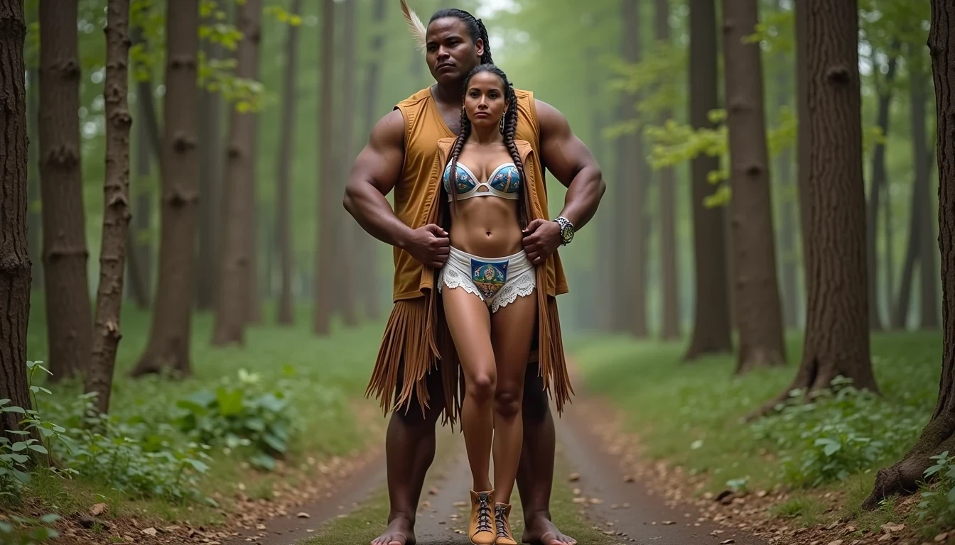 photo of woman CSTMDL, a medium shot photo of, a slim woman, her full body is in the scene, she has a slender petite build with petite small boobs and a flat chest, she has small dark skin nipples with long pointy nipple ducts and small dark skinned areolas, her hair is styled with two long braids she has eagle plumes in her hair, she is not wearing earrings, she is wearing daisy duke denim booty shorts, she is wearing a native American style vest in a golden yellow color over top of her underwear, she is holding her vest open exposing her strapless bra, her bra is a strapless white lace bra, she is wearing white lace panties, she is wearing ankle height smoked hide moccasins, natural lighting, natural light, amateur photography, shot on an iPhone, she is standing with her legs spread wide apart in a densely wooded forest, she is maintaining intense eye contact with the camera, there is a giant native American fat man standing up directly behind her holding onto the woman's waist, the man is holding her up suspended in the air in front of him, the man is a real giant, public setting, Hyper realism, ultra-sharp focus, highly detailed, natural lighting, natural light, amateur photography,