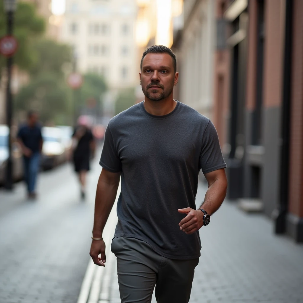 Portrait of 40 year old fit man walking on street