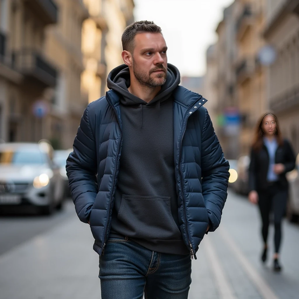 Portrait of 40 year old fit man walking on street