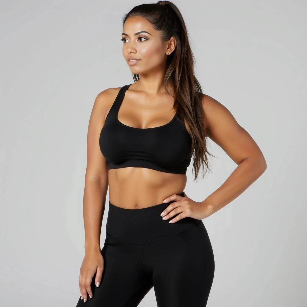 slim athletic with big boobs and round ass. wearing a tight shirt and yoga pants