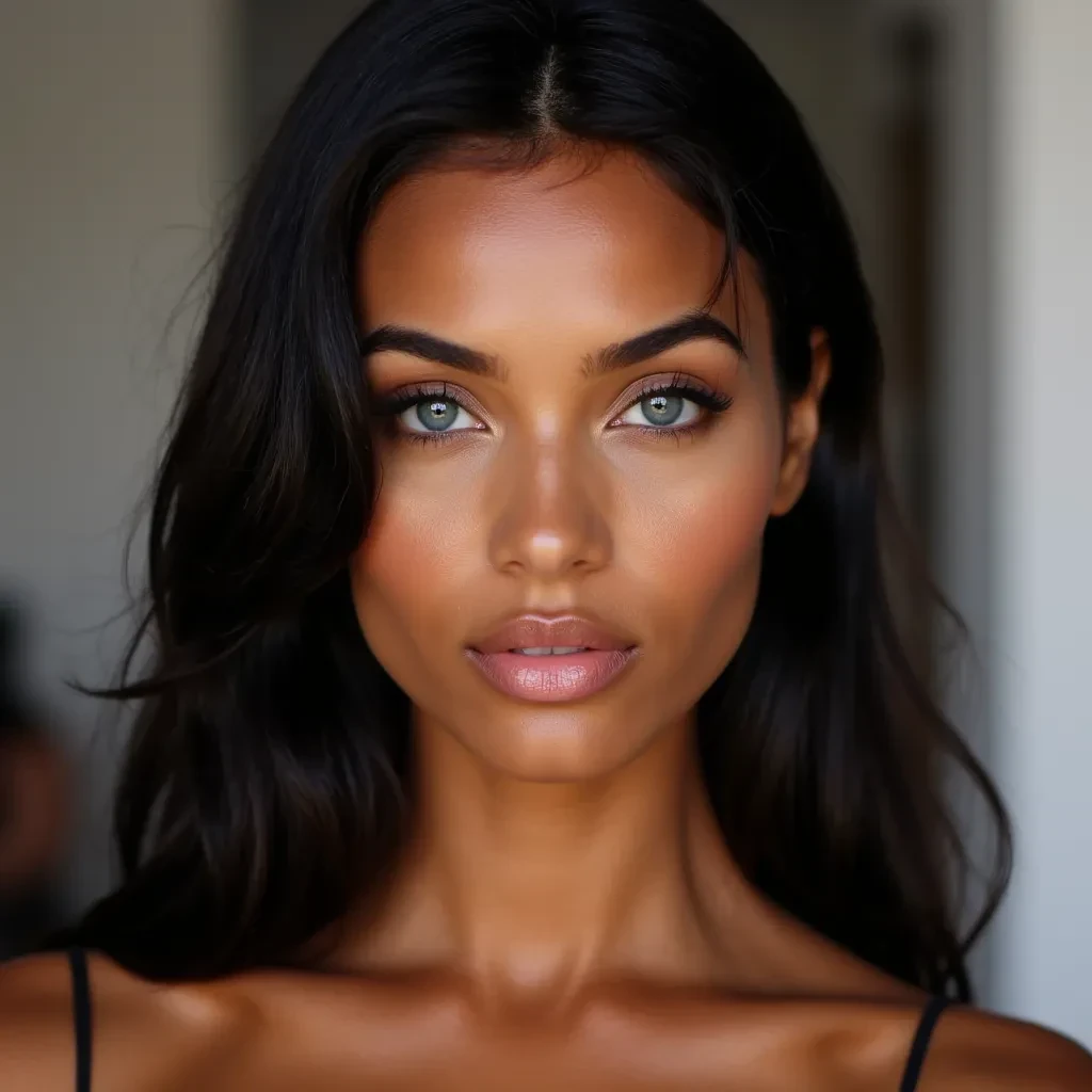 Dark hair. Blue eyes. Full lips. High cheek bones. Glowing skin. French girl. 
Face
	•	Structure: Amara has a softly sculpted, heart-shaped face with high cheekbones and a defined jawline that gives her an elegant, modelesque appeal.
	•	Skin Tone: Smooth, golden-caramel complexion with a radiant, airbrushed glow—suggesting luxury, health, and a premium skincare routine.
	•	Eyes: Almond-shaped eyes with a sultry, come-hither look—often lined with soft eyeliner and long, fluttery lashes. Her gaze is confident, seductive, and captivating.
	•	Lips: Full, plush lips with a natural pout—usually glossed or in a soft nude or berry tone, depending on her persona mood.
	•	Brows: Clean, arched brows that frame her face perfectly—feminine but powerful.
