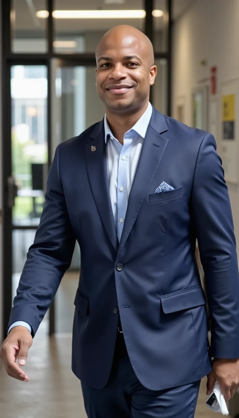 Magazine shoot, blue suit and white collared shirt, walking through office, Investment banking,  smiling and same face of Carter with bald head, real look, cstmdl
