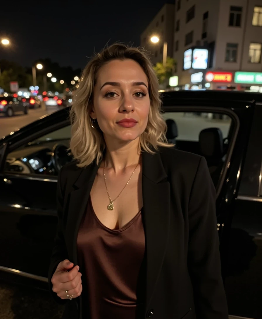 Street-style candid of a woman stepping out of a black car at night, wearing a satin slip dress and oversized blazer, city lights blurred behind her, subtle red lip, moody cinematic vibe 