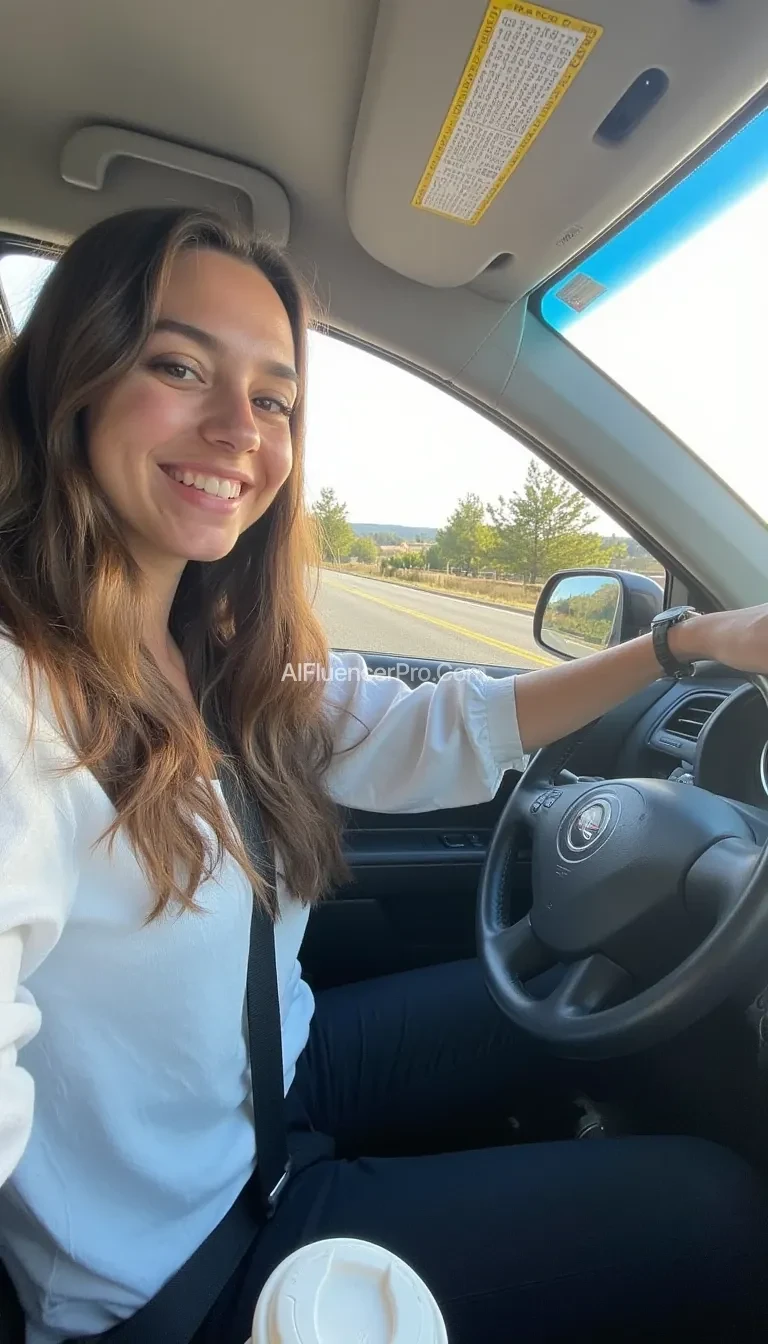 boring low quality snapchat photo circa 2015, A young woman with a warm smile, sitting in the driver's seat of a cozy car. She has soft, wavy brown hair cascading past her shoulders. The sunlight streams through the window, casting a gentle glow on her face. The interior of the car is neat and comfortable, with a coffee cup in the cup holder and a small plant on the dashboard. The background outside the window shows a scenic road lined with trees and blue skies