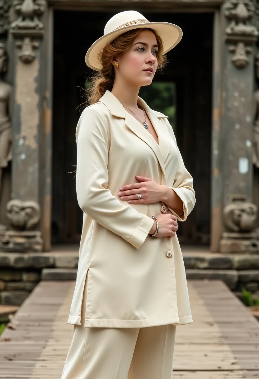 A photo of a woman CSTMDL, hair tied, stands confidently in front of an ancient Cambodian Khmer temple, wearing a vintage 1900 inspired, cream-colored suit with a long coat and wide-legged trousers. She wears a small pendant. She dons a vintage white explorer hat adorned with a decorative band, and her hands are gently crossed on her belly. The background features large stone statues and intricate carvings, evoking a sense of historical grandeur. The wooden walkway beneath her adds a touch of rustic charm to the scene.
