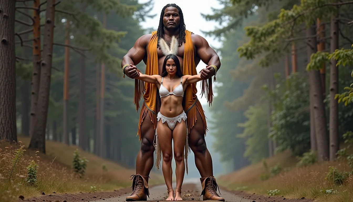 photo of woman CSTMDL, a medium shot photo of, a slim woman, her full body is in the scene, she has a slender petite build with petite small boobs and a flat chest, she has small dark skin nipples with long pointy nipple ducts and small dark skinned areolas, her hair is styled with two long braids she has eagle plumes in her hair, she is not wearing earrings, she is wearing daisy duke denim booty shorts, she is wearing a native American style vest in a golden yellow color over top of her underwear, she is holding her vest open exposing her strapless bra, her bra is a strapless white lace bra, she is wearing white lace panties, she is wearing ankle height smoked hide moccasins, natural lighting, natural light, amateur photography, shot on an iPhone, she is standing with her legs spread wide apart in a densely wooded forest, she is maintaining intense eye contact with the camera, there is a giant native American fat man twice her height standing up directly behind her holding onto the woman's waist, the man is holding her up suspended in the air in front of him, the man is a real giant, public setting, Hyper realism, ultra-sharp focus, highly detailed, natural lighting, natural light, amateur photography,