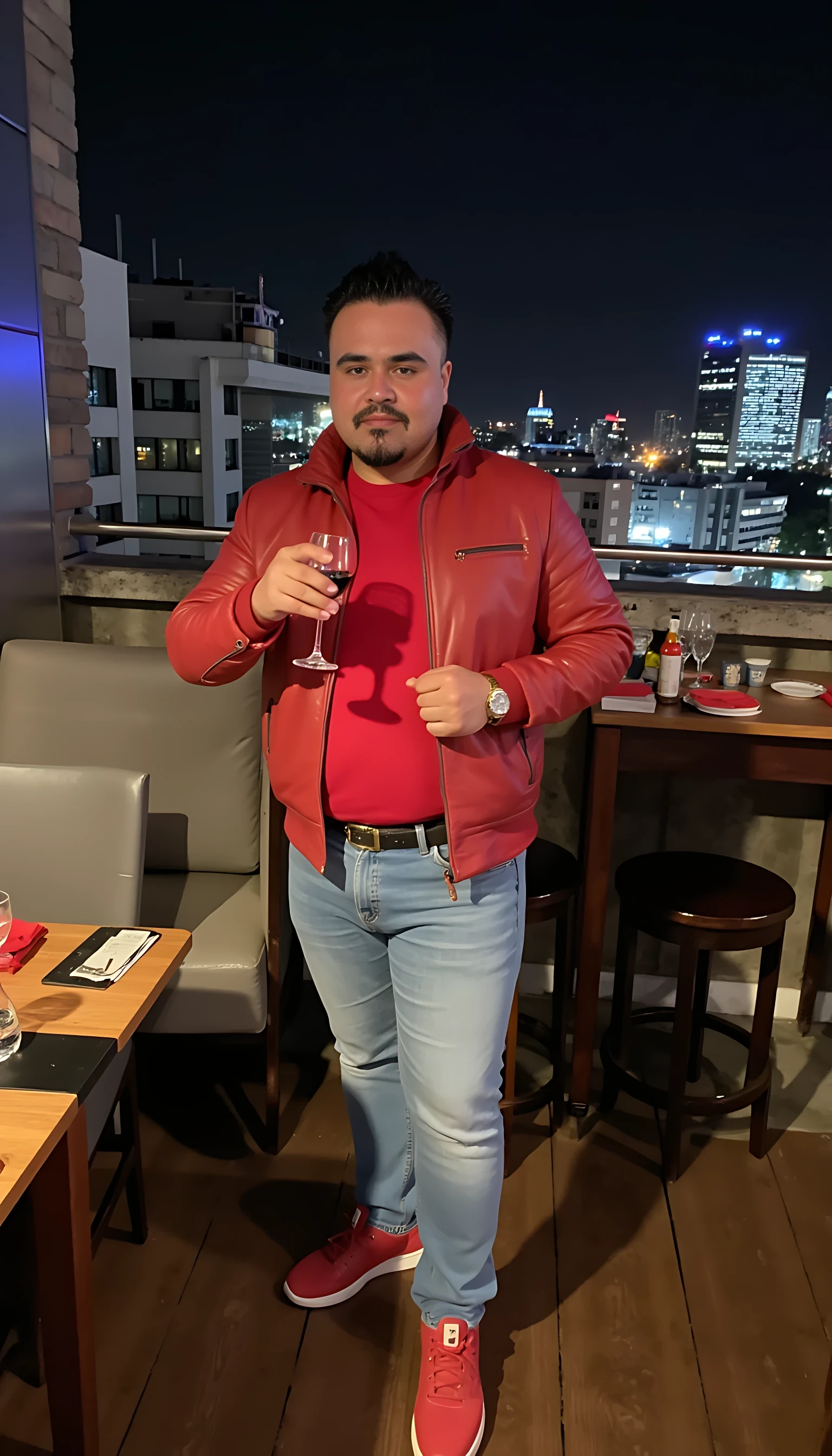  CSTMDL Man body wearing light blue jeans  a H belt and a red Ferrari leather jacket red tenis shoes wearing a rolex watch standing on a nice restaurant  with a glass of wine on a rooftop city night lights  clear background 