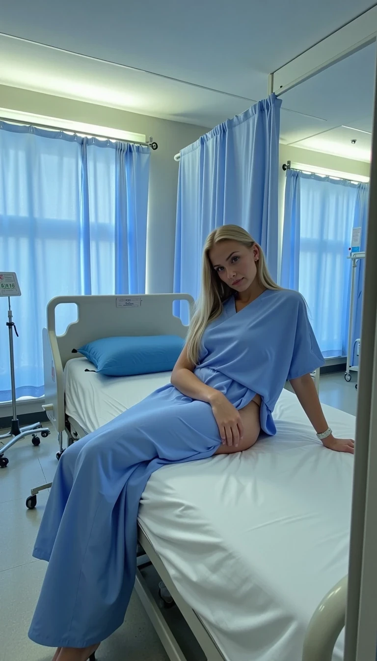 CSTMDL, Hailey, hyper-realistic photograph of a young woman in her early-20s with warm fair skin tone, blonde hair cascading over her shoulders, laying sideways on a hospital bed in a sterile hospital room with light blue privacy curtains drawn partially, wearing a loose-fitting blue long hospital gown, the gown tied loosely at the back and slightly open to reveal her smooth bare back and small buttocks, her body slightly arched as she looks with a serious, intense gaze and subtle confident demeanor, no visible sweat or signs of exertion, no accessories except the gowned one white hospital band on her right wrist, background includes a white-sheeted hospital bed with blue pillow and folded white blanket, medical equipment like an IV stand and glove box on a side table, fluorescent ceiling lights casting soft cool white illumination with subtle shadows on the tiled floor and walls, dominant colors are, soft blues, and sterile whites, overall atmosphere of quiet vulnerability mixed with subtle allure, medium shot from a low angle behind her, captured with a Canon EOS 5D Mark IV camera using a 50mm prime lens at f/2.8 aperture, ISO 200, natural indoor lighting with high detail and sharpness, photorealistic textures on the thin cotton fabric of the gown with faint wrinkles and soft folds, glossy tile floor reflections, ultra-detailed skin pores and hair strands, indistinguishable from a real high-resolution photo