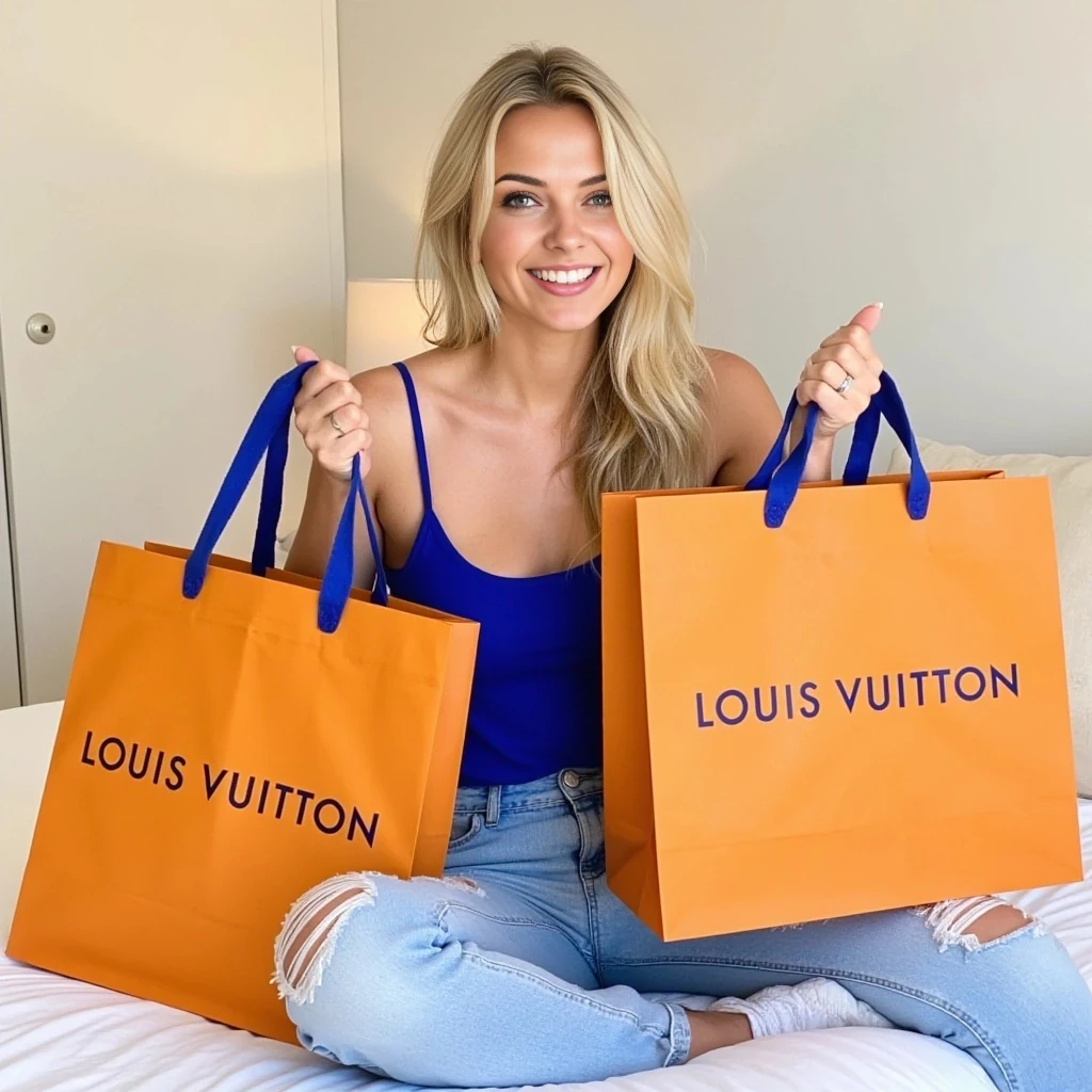 Young woman, light soft long blonde hair, mid-20s,  smiling happily, holding large Louis Vuitton shopping bags.  Casual, joyful expression.  Wearing a sleeveless, low-cut royal blue tank top showing a good amount of cleavage, she has medium-sized breasts,  light wash denim jeans with distressed details.  Relaxed, seated pose on a white bed.  Bright, warm indoor lighting.  Background includes a white bed and pale walls.  Composition is centered on the woman and bags.  Bags are vibrant orange/tan with navy blue Louis Vuitton logo, the handles are royal blue luxury fabric, approximately 1” wide .  Bags are prominent in the image.  Style is contemporary fashion. Mood is happy, celebratory, and focused on retail shopping.  Image is well-lit, shot from a slightly low angle.  The focus is on the woman and her shopping bags.