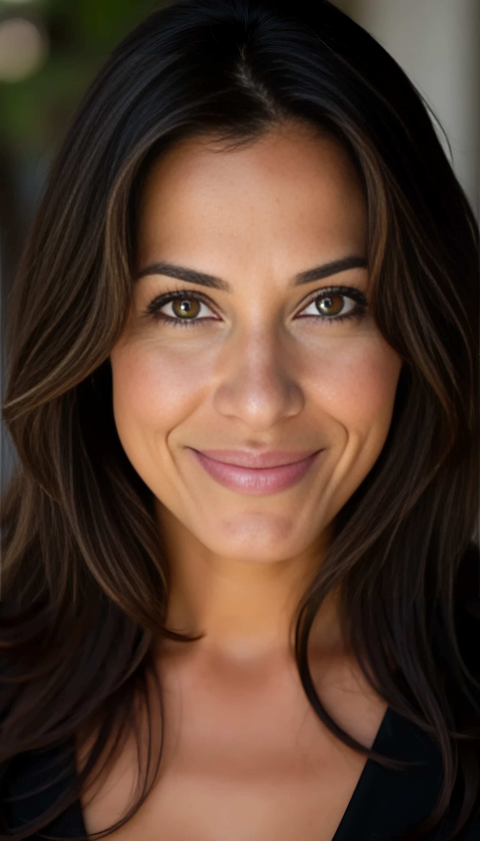 A portrait photo of a beautiful 45 years old woman, mixed ethnicity of half white American half Brazilian, with dark brown hair, ultra detailed eyes with sharp iris reflections, slight smile, ultra high-quality