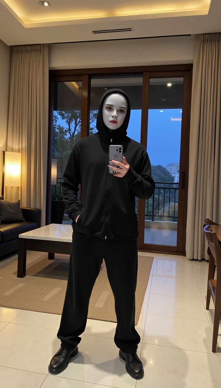 CSTMDL is wearing Vemon custom outfit with out the mask. Standing in the middle of a big luxury living room