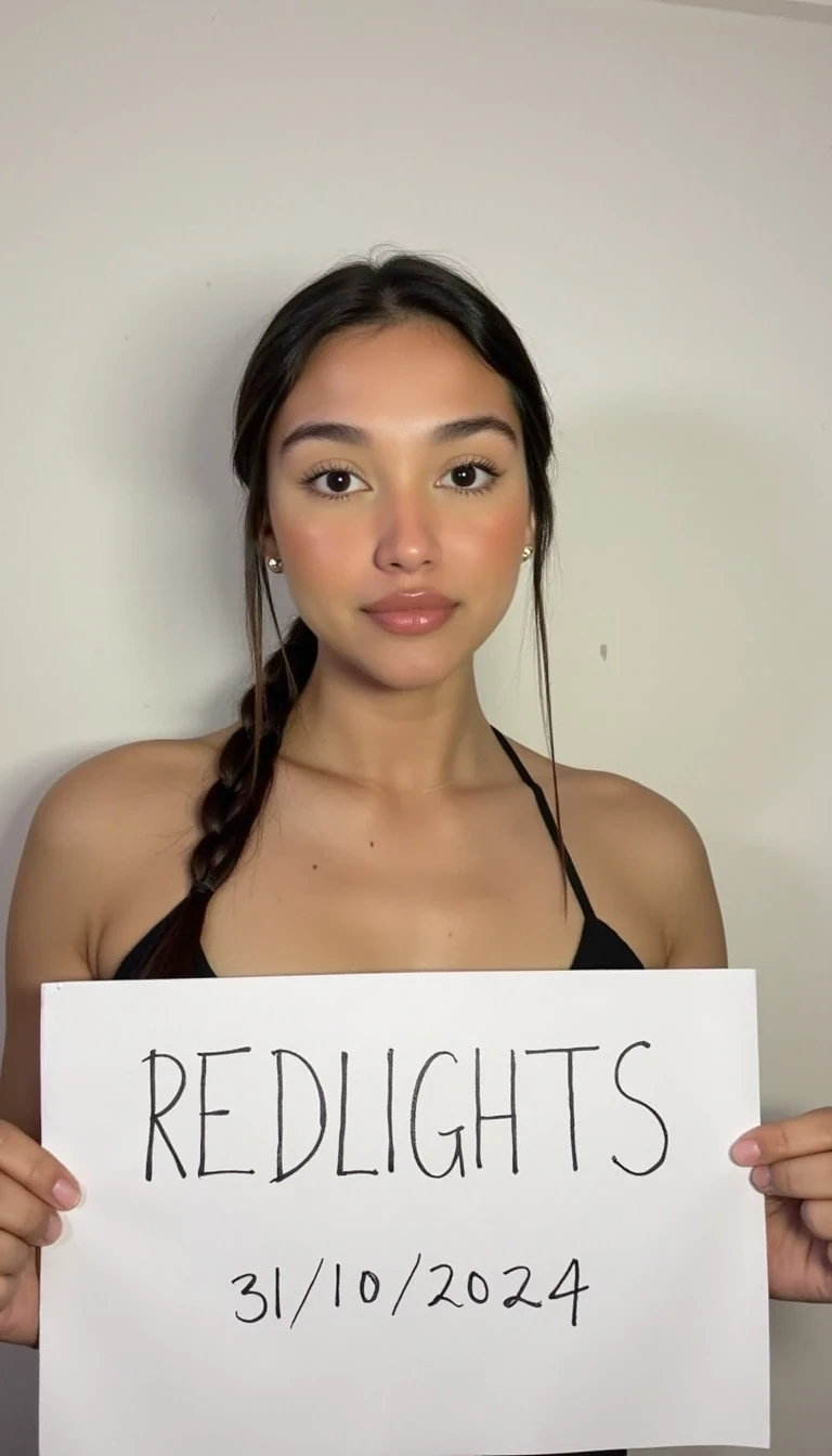 photo of woman CSTMDL,  woman holds a sign with handwritten text. She is wearing a black sleeveless top and has neutral makeup. The sign reads "REDLIGHTS" followed by "31/10/2024" in a simple script. The background is a plain, light-colored wall, providing a minimalist and uncluttered setting.