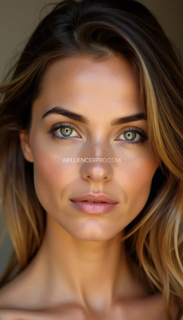 A hyper-realistic portrait of a beautiful woman with striking green eyes, looking directly into the camera. She has smooth, naturally glowing skin with subtle makeup, soft facial features, and a gentle, confident expression. Her hair is (décrire la couleur, par exemple : wavy brown hair or blonde highlights, shoulder-length), styled naturally. The lighting is soft and warm, capturing the texture of her skin and the depth of her eyes. Background is blurred, with a shallow depth of field to enhance focus on her face. Photographed in a high-definition, cinematic style, 8K resolution, ultra-realistic, high detail, lifelike.