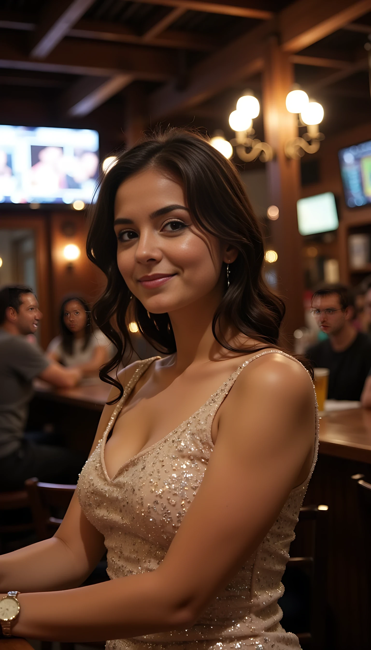 low quality someone else taking the snapchat photo circa 2015, cute woman CSTMDL, off guard picture at a bar in a nice dress