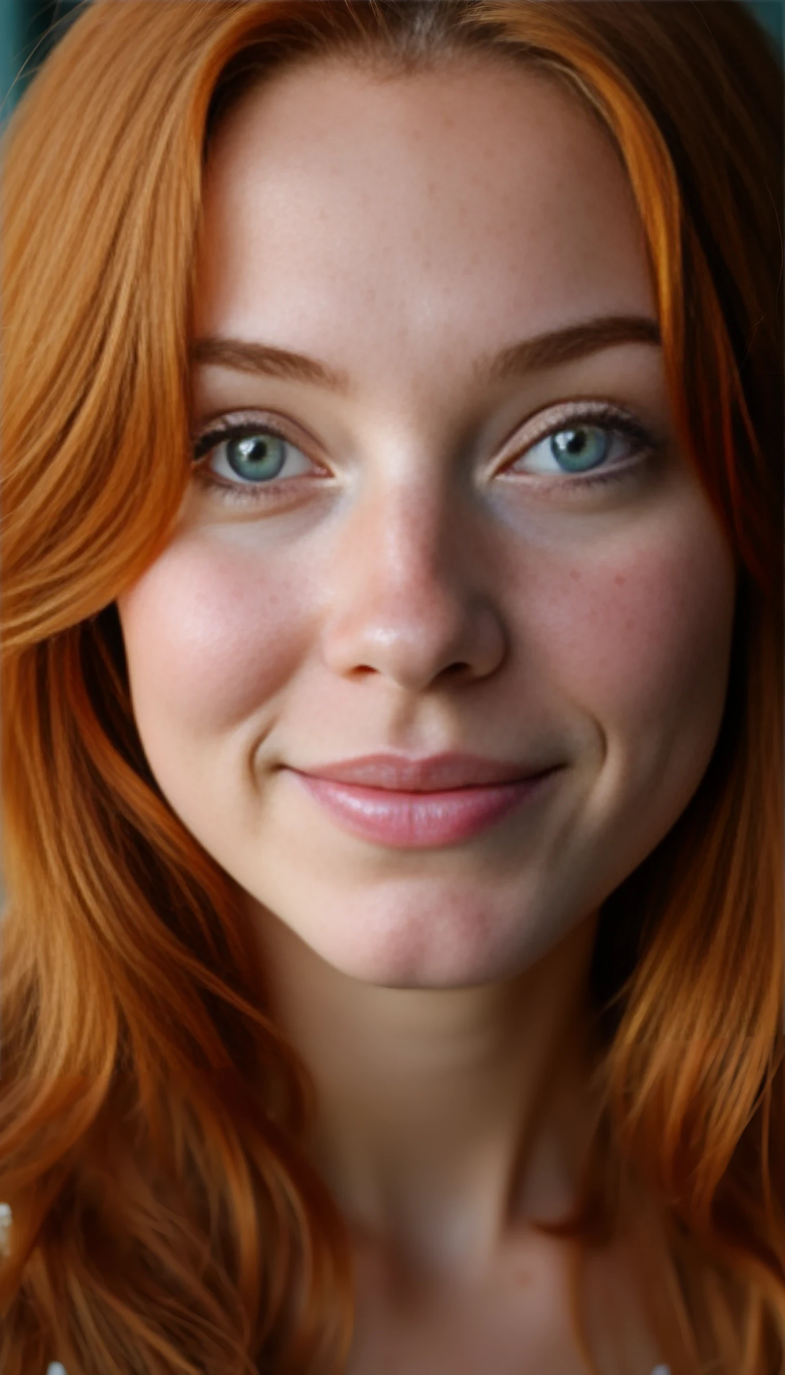 A portrait photo of a beautiful 20 years old model, mixed ethnicity of half white American half Brazilian, with soft red hair, emerald green eyes, light freckles across her nose, ultra detailed eyes with sharp iris reflections, slight smile, studio-quality, extremely realistic HD