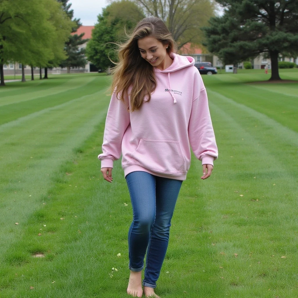 boring low quality snapshot, low-quality picture, realistic, age 22, tanned skin, clear face, long hair brown with blonde highlights, huge breasts, light green eyes, round ass, fit and proportionate figure, 5'4" tall, lowest quality, 1080 hd, She kicks off her shoes, toes in the grass, laughing at something you said warm, grounded, electric, wearing tight jeans, a baggy hoodie